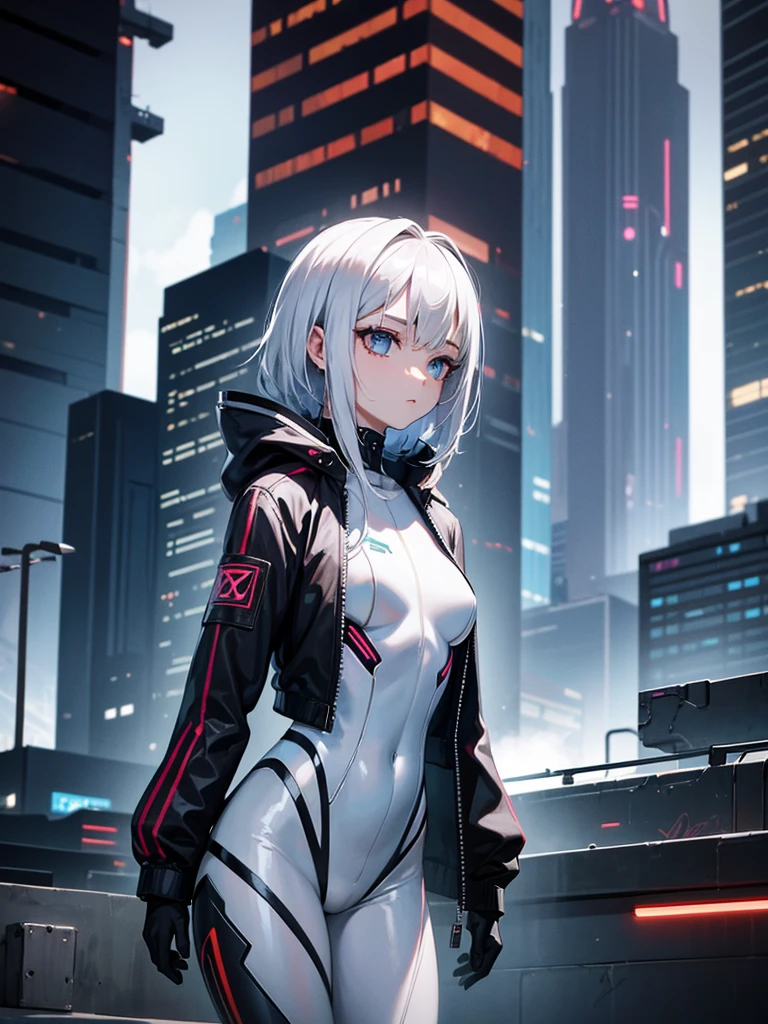 high resolution, highest quality, illustration, ultra detailed, (detailed face), (detailed eyes), cinematic lighting, best quality, hyper detailed, artwork, 1 girl, alone, gray eyes, short hair, multicolored hair, hair asymmetrical, belt, jacket, off-shoulder, swimsuit, highlighted sleeves, hip ventilation, luminous eyes, medium breasts, (colorful), standing, in a futuristic cyberpunk city at night, next to a futuristic cyberpunk car