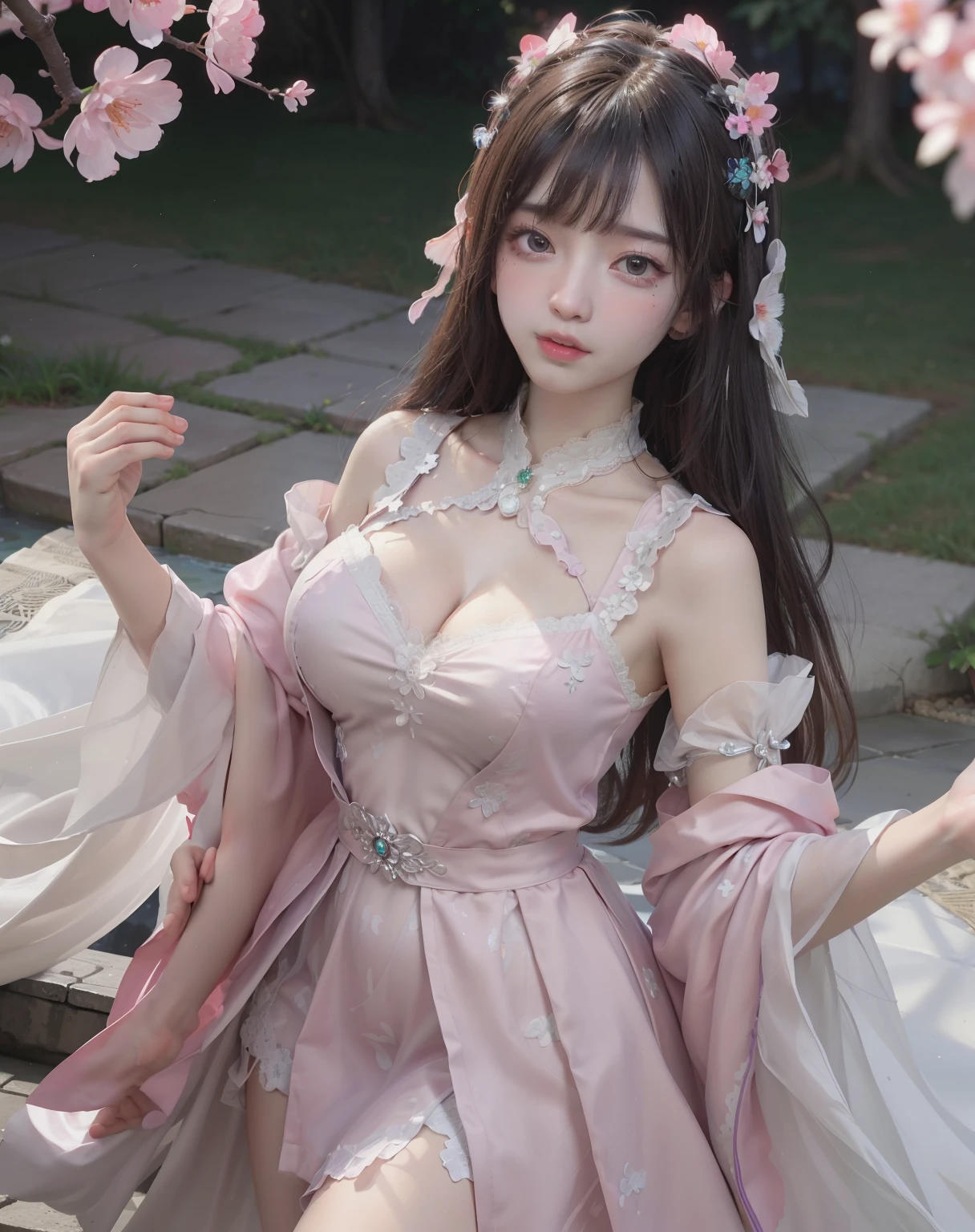 a princess 8 yeald old cute Hanfu dynasty open V-chested clothes royal, All pictures, Wet body of thin silk fabric, Thin silk lace ,princess 8 yeald old cute, (huge ,cleavage),petticoat, white pink, blue ,best qualtiy,tmasterpiece,Ultra-high resolution,(Reality:1.4),RAW photogr,(True skin texture:1.3),(filmgrain:1.3),(Selfie angle),1个Giant Breast Girl,Beautiful eye and face details,tmasterpiece,Best quality at best,exposing thighigchest,The chest more exposed, detailed hair,above looking down facing at camera,short dressPrincess Eyes,Super big eyes,Detailed face,shiny pupils, dress pink (a garden,moon palace,)