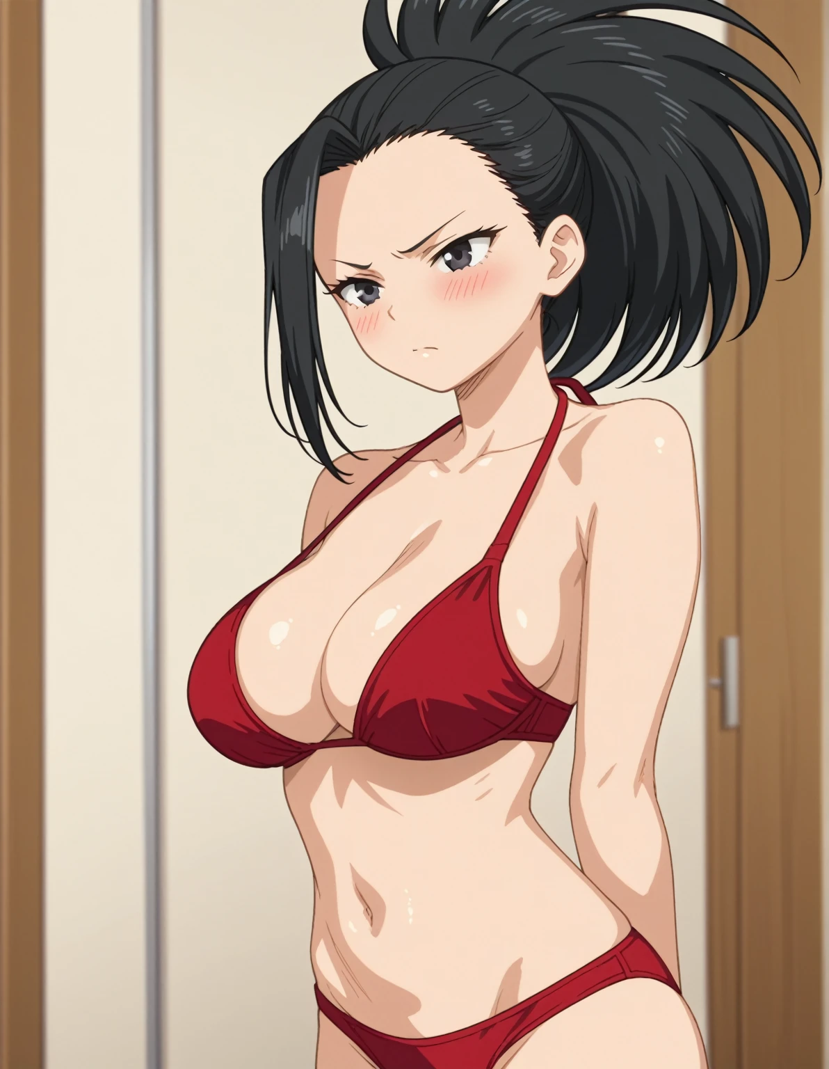 score_6_up, best quality, anime screencap, 1girl, solo, momo, long hair, bangs, black hair, ponytail, black eyes, high ponytail, wide ponytail,navel, cleavage, red bikini, big breasts, blush, standing 