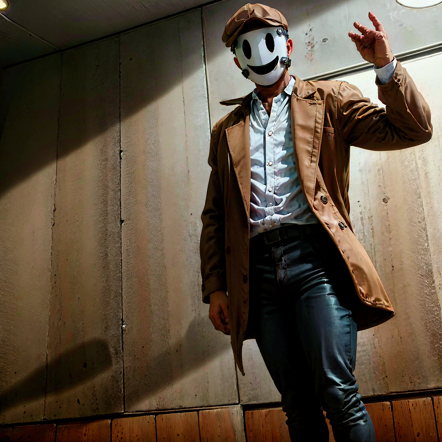 Man wearing a Brown Fedora, Brown trench coat, black jeans, Brown boots, and a sad theater mask, tragedy mask, in a halley, sad mask