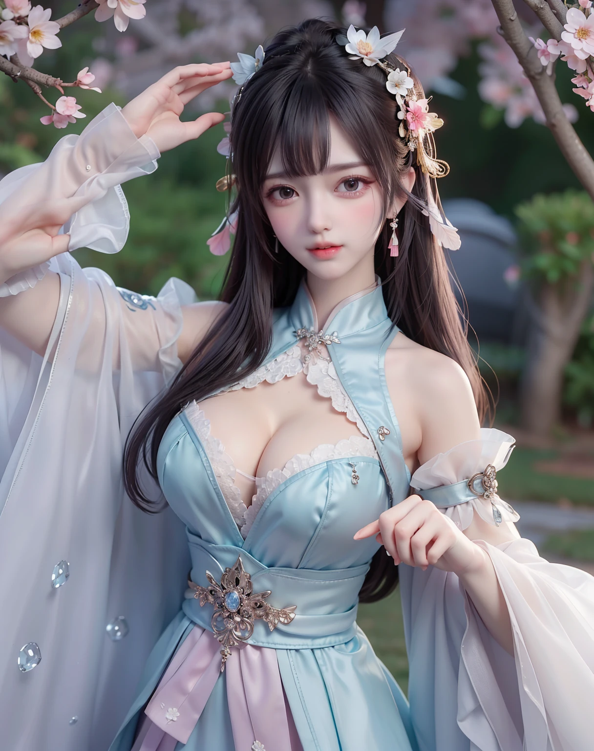 (8k, RAW photo:1.2), best quality, ultra high res,dramatic angle,(fluttered detailed color splashs), (illustration),(((1 girl))),(long hair),(rain:0.9), (Headdress:1.4),There is an ancient palace beside the girl,Hanfu,(Key Points),Color ink painting,(Splash of Color),Splash of Color,(((colorful))),(sketch:0.8) , Masterpiece, best quality, beautiful painted, highly detailed,(denoising:0.6),[splash ink],((ink refraction)), (beautiful detailed sky),moon,highly,detaild,(masterpiece, best quality, extremely detailed） CG Unity 8k Wallpaper，masterpiece，best quality，Ultra Detailed），（Lycoris）. hanfu open v open V-chested clothes Thin silk lace dress , (huge ，cleavage),, white pink and gren，best qualtiy，tmasterpiece，Ultra-high resolution，（Reality：1.4），RAW photogr，（True skin texture：1.3），（filmgrain：1.3），（Selfie angle），1个Giant Breast Girl，Beautiful eye and face details，tmasterpiece，Best quality at best，，The chest more exposed， detailed hair, bra purple and green , detail 8k, upper body, ignette transparent fabric flower, purple and blue pink white,