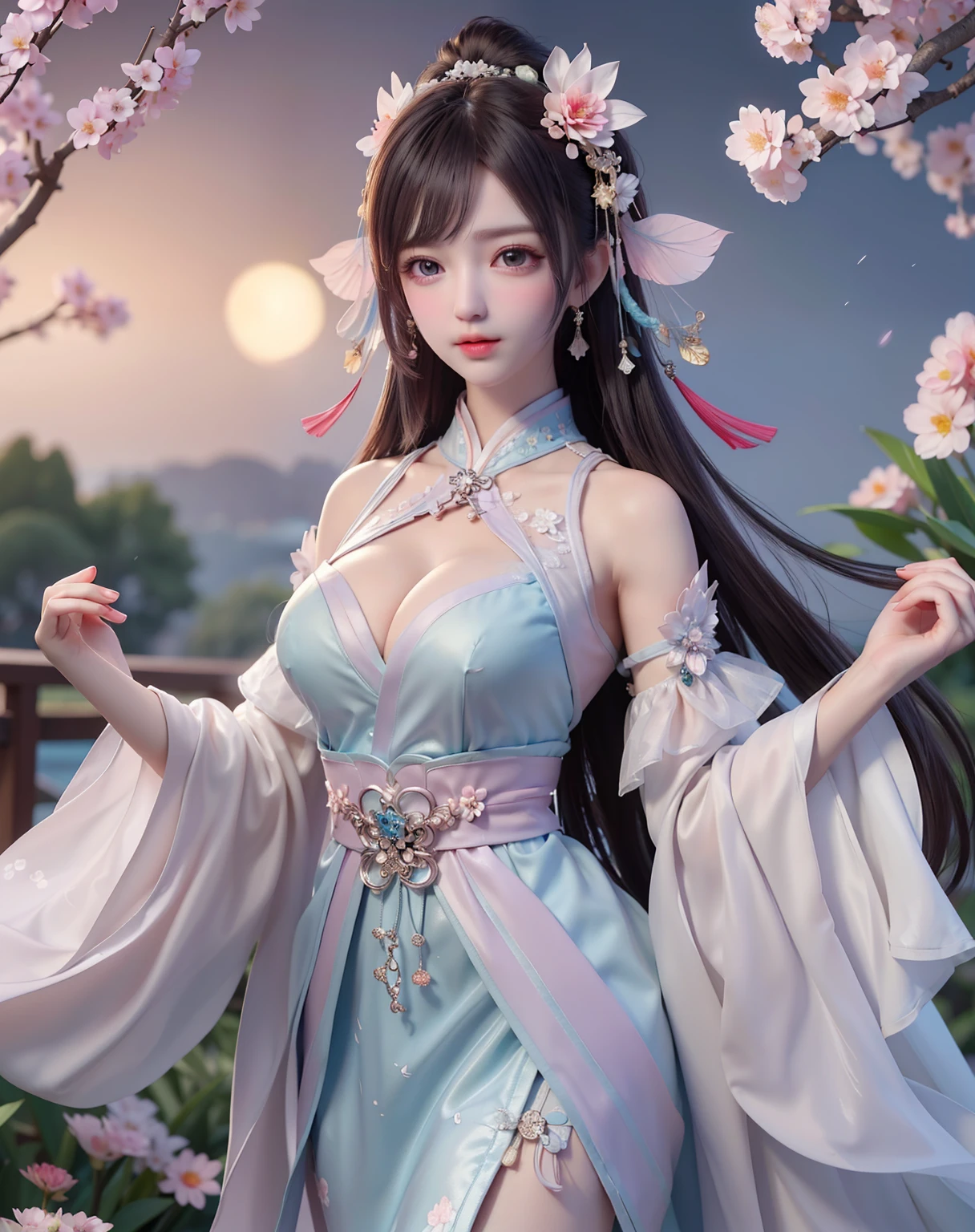 (8k, RAW photo:1.2), best quality, ultra high res,dramatic angle,(fluttered detailed color splashs), (illustration),(((1 girl))),(long hair),(rain:0.9), (Headdress:1.4),There is an ancient palace beside the girl,Hanfu,(Key Points),Color ink painting,(Splash of Color),Splash of Color,(((colorful))),(sketch:0.8) , Masterpiece, best quality, beautiful painted, highly detailed,(denoising:0.6),[splash ink],((ink refraction)), (beautiful detailed sky),moon,highly,detaild,(masterpiece, best quality, extremely detailed） CG Unity 8k Wallpaper，masterpiece，best quality，Ultra Detailed），（Lycoris）. hanfu open v open V-chested clothes Thin silk lace dress , (huge ，cleavage),, white pink and gren，best qualtiy，tmasterpiece，Ultra-high resolution，（Reality：1.4），RAW photogr，（True skin texture：1.3），（filmgrain：1.3），（Selfie angle），1个Giant Breast Girl，Beautiful eye and face details，tmasterpiece，Best quality at best，，The chest more exposed， detailed hair, bra purple and green , detail 8k, upper body, ignette transparent fabric flower, purple and blue pink white,