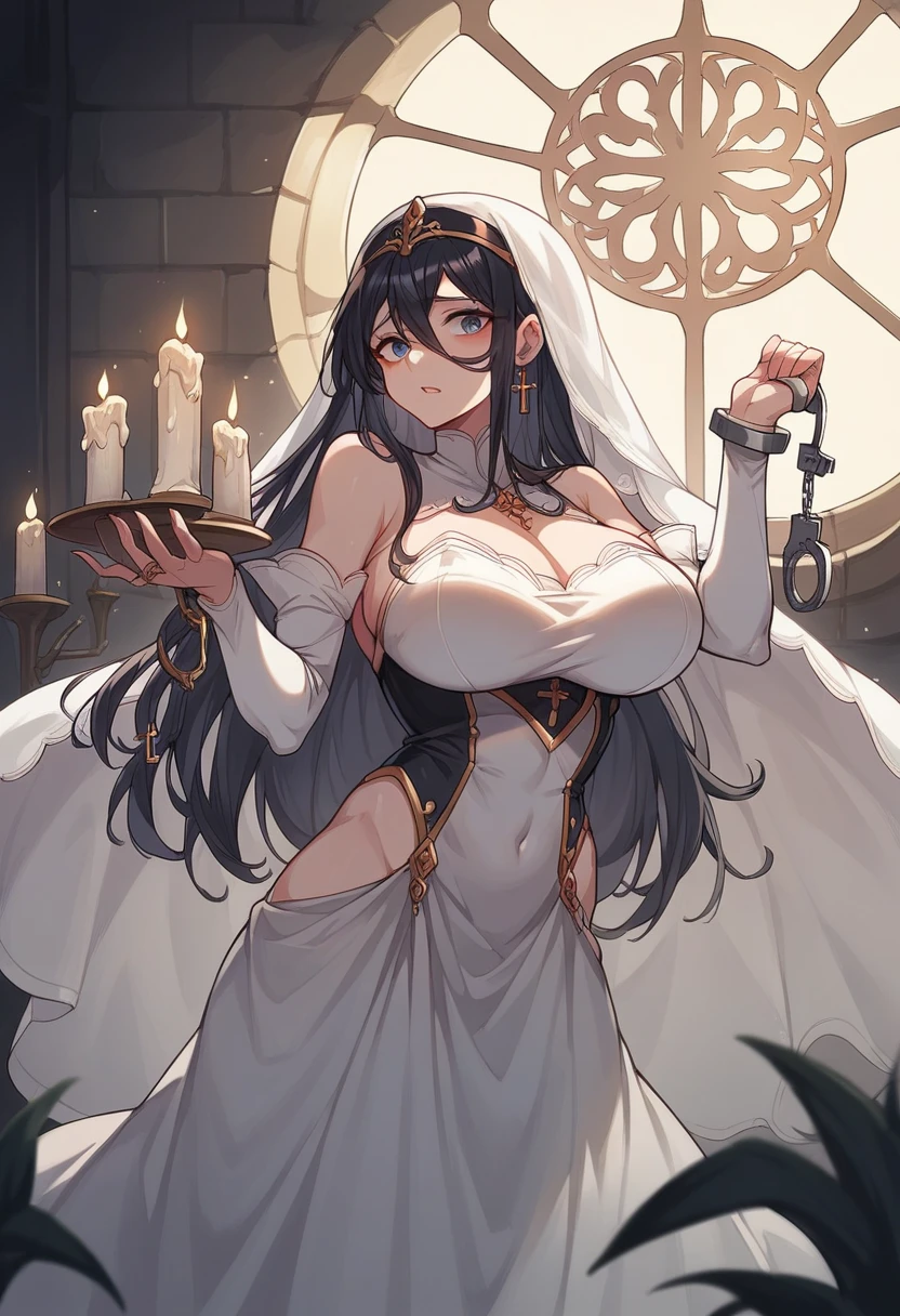 {{Best Quality}},{8k},{masterpiece}, 1 Japanese girl with very large breasts and very long black hair,NFSW,first round,handcuffs,white prom veil , My Breasts Are Visible ,Hanged Girl,Milking Machine,The background is a dark church stand glass with many candles on a cross 