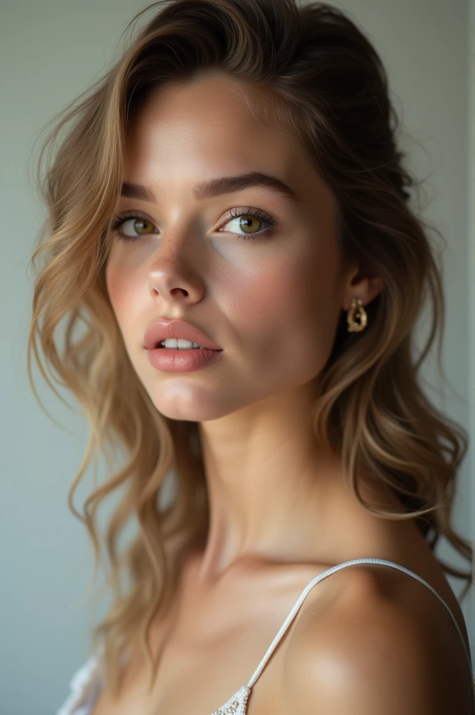 Modelo de glamour escandinavo de 30 anos, com olhos detalhados, long eyelashes, soft head, seios grandes, cintura fina, cabelo longo, cabelos loiros fazendo uma live de beleza em um ambiente bem iluminado e decorado. Flawless makeup while demonstrating beauty products. Ao fundo, a professional vlogger setup with light rings and camera.