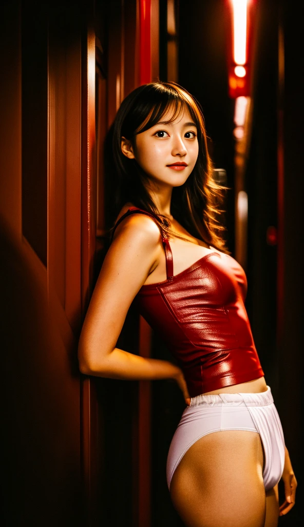  High Quality、８ｋphotograph、A girl wearing a red leather biker jacket、（（（（ red leather bra ））））、（（（（red leather panties ））））、An 1 girl walks on a sunset beach wearing a wet, ultra-thin, see-through white camisole dress., Wind（（（（（（（all nude）））））））((Reality)), s lips, Detailed background, 1girl in, Squatting in a dark alley、A strong red light shines on my face、1 slim Japanese gravure idol、Natural Breast,, (plaid skirts), small 、Slimed、A slender、Long straight light brown hair, (soft smiling), Look at viewers,