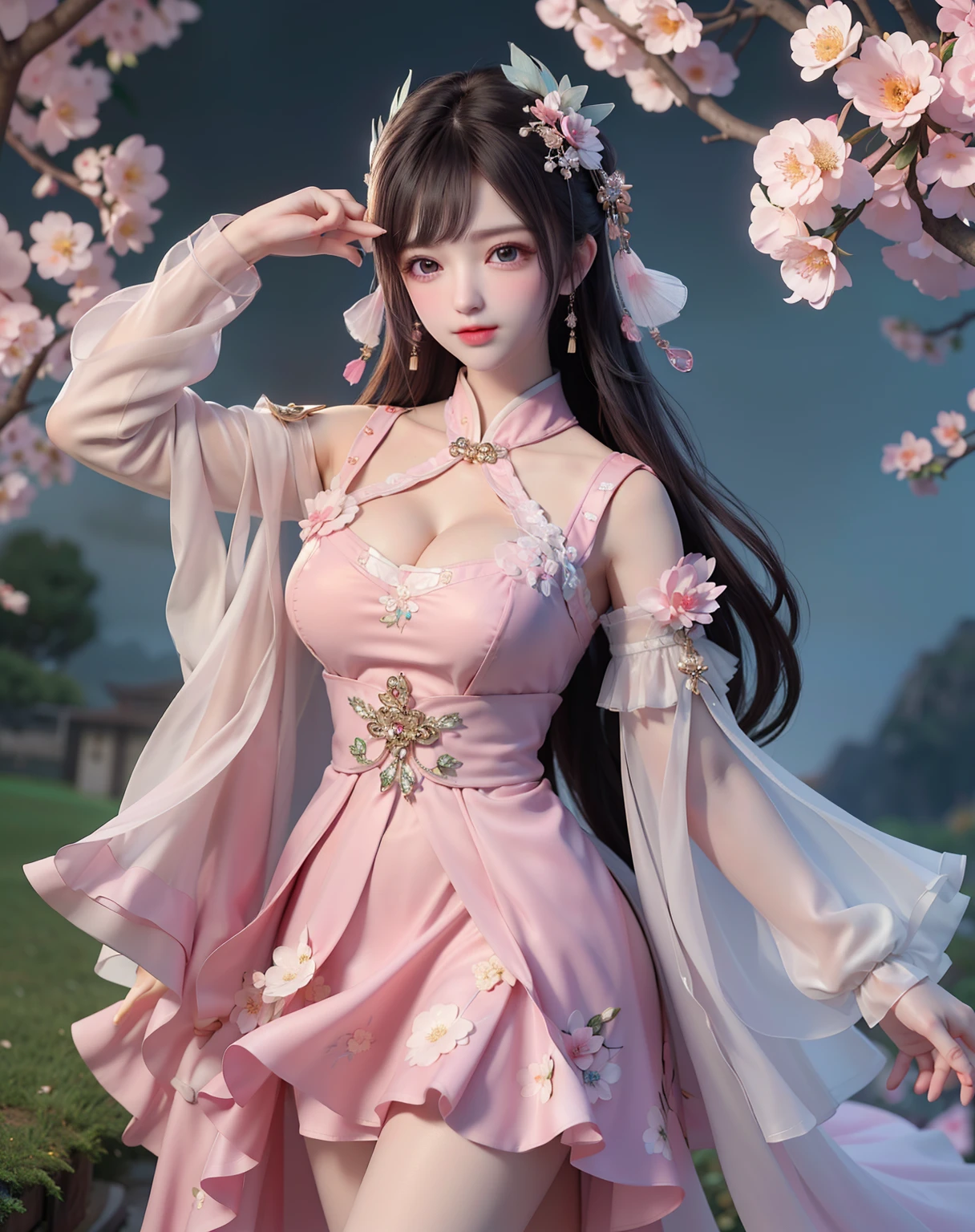 (8k, RAW photo:1.2), best quality, ultra high res,dramatic angle,(fluttered detailed color splashs), (illustration),(((1 girl))),(long hair),(rain:0.9), (Headdress:1.4),There is an ancient palace beside the girl,Hanfu,(Key Points),Color ink painting,(Splash of Color),Splash of Color,(((colorful))),(sketch:0.8) , Masterpiece, best quality, beautiful painted, highly detailed,(denoising:0.6),[splash ink],((ink refraction)), (beautiful detailed sky),moon,highly,detaild,(masterpiece, best quality, extremely detailed） CG Unity 8k Wallpaper，masterpiece，best quality，Ultra Detailed），（Lycoris）.shoulder ballet dress open V-chested clothes Thin silk lace dress short skirt , (huge ，cleavage),, white pink, blue ，best qualtiy，tmasterpiece，Ultra-high resolution，（Reality：1.4），RAW photogr，（True skin texture：1.3），（filmgrain：1.3），（Selfie angle），1个Giant Breast Girl，Beautiful eye and face details，tmasterpiece，Best quality at best，，The chest more exposed， detailed hair, bra pink , detail 8k, full body, lace petticoat, fan handle