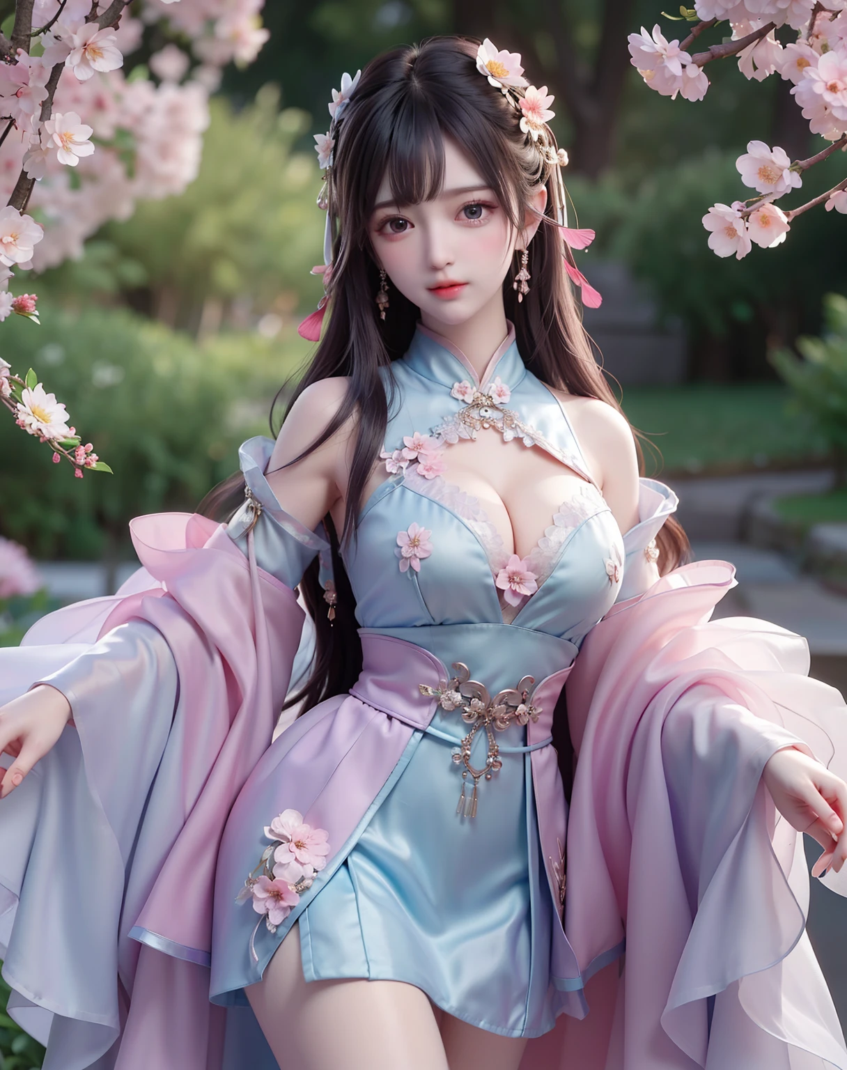 (8k, RAW photo:1.2), best quality, ultra high res,dramatic angle,(fluttered detailed color splashs), (illustration),(((1 girl))),(long hair),(rain:0.9), (Headdress:1.4),There is an ancient palace beside the girl,Hanfu,(Key Points),Color ink painting,(Splash of Color),Splash of Color,(((colorful))),(sketch:0.8) , Masterpiece, best quality, beautiful painted, highly detailed,(denoising:0.6),[splash ink],((ink refraction)), (beautiful detailed sky),moon,highly,detaild,(masterpiece, best quality, extremely detailed） CG Unity 8k Wallpaper，masterpiece，best quality，Ultra Detailed），（Lycoris）. hanfu open v open V-chested clothes Thin silk lace dress , (huge ，cleavage),, white pink and gren，best qualtiy，tmasterpiece，Ultra-high resolution，（Reality：1.4），RAW photogr，（True skin texture：1.3），（filmgrain：1.3），（Selfie angle），1个Giant Breast Girl，Beautiful eye and face details，tmasterpiece，Best quality at best，，The chest more exposed， detailed hair, bra purple and green , detail 8k, upper body, ignette transparent fabric flower, purple and blue pink white, ignette transparent  short skirt