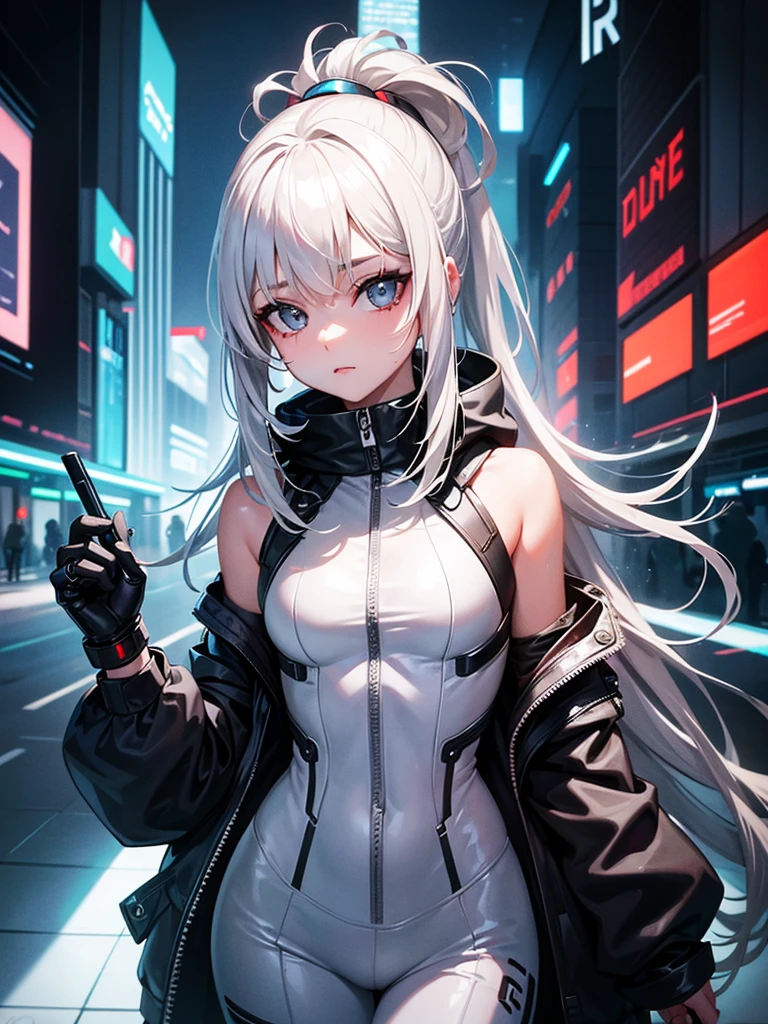 (masterpiece), (best quality), (highest Quality), (Ultra detailed), (highest Resolution), 8K, anime style, beautiful face, ultra detailed face, beautiful and detailed eyes, looking at viewer, a teenager lady, (white and long hair:1.1), office suit, (navy eyes:1.1), seating on motorcycle, urban, night