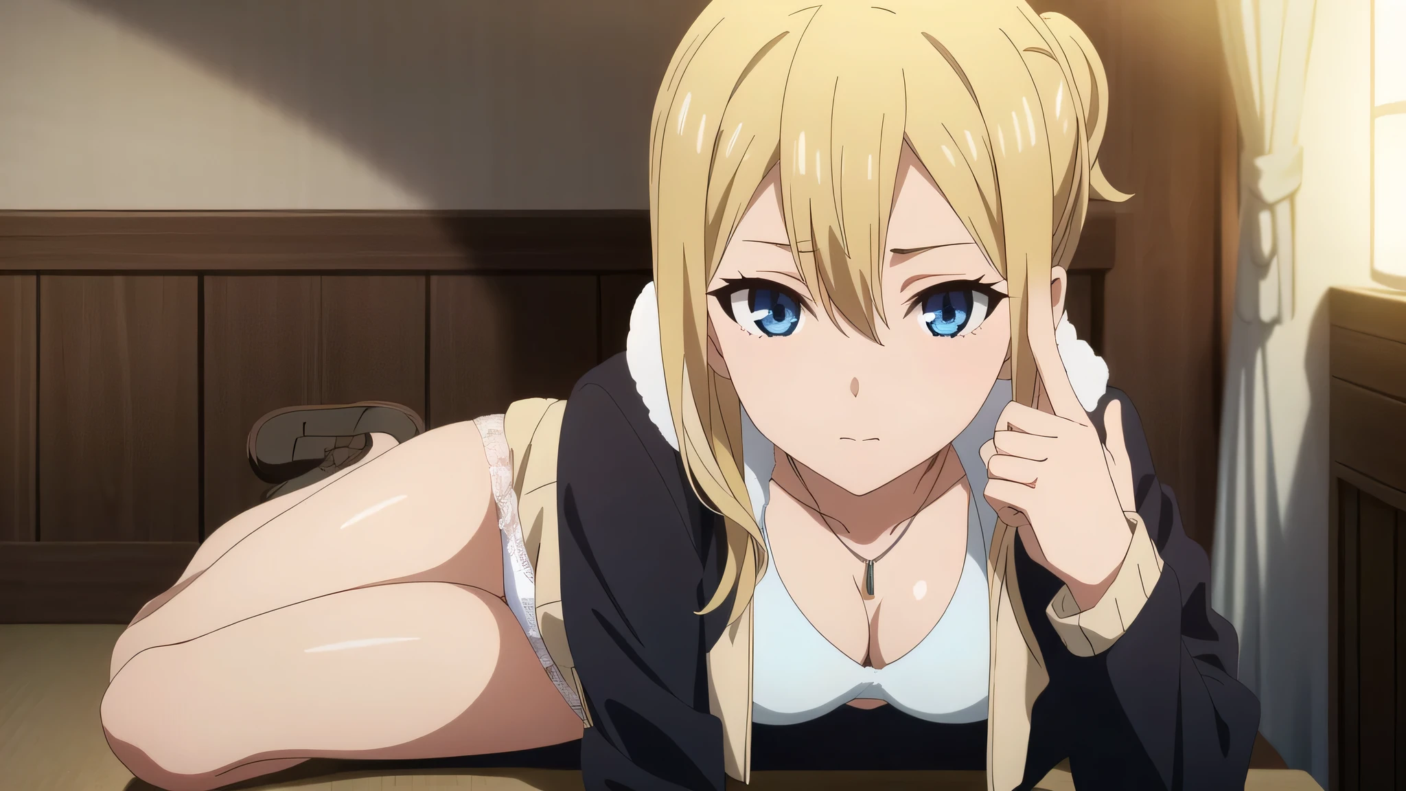 Nsfw,NSFW,(((1girl,1man,fellatio))),hayasaka,realistic white lace panties,white lace bra,upskirt ,blonde hair, blue eyes,hair Scrunchie, side ponytail, Scrunchie, hair between eyes,(Shuchiin Academy uniform, shirt,(Eskimo Jacket:1.5), looking at the viewer, , indoor, collared shirt, white shirt, curtain, necklace, bangs, alone focus, jewelry, sweater,skirt,side lock, alone, long hair, Cardigan,) ,exquisite visuals,
beautiful Finger,beautiful long legs,Beautiful body,beautiful character design, perfect eyes, perfect face,expressive eyes, looking at the viewer, Appear on knees,sexy pose,in the center of the image, official art,High Definition CG Unity, Perfect lit, bright_front_face_lit, (table top:1.0),(Highest_quality:1.0),4K,Super detailed, photograph, 8k, nffsw, High resolution, Absurd:1.2, kodak portrait 400, film grain, Lens flare, (lively_color:1.2) (beautiful,medium breasts:1.4), (beautiful_face:1.3),(narrow_waist),