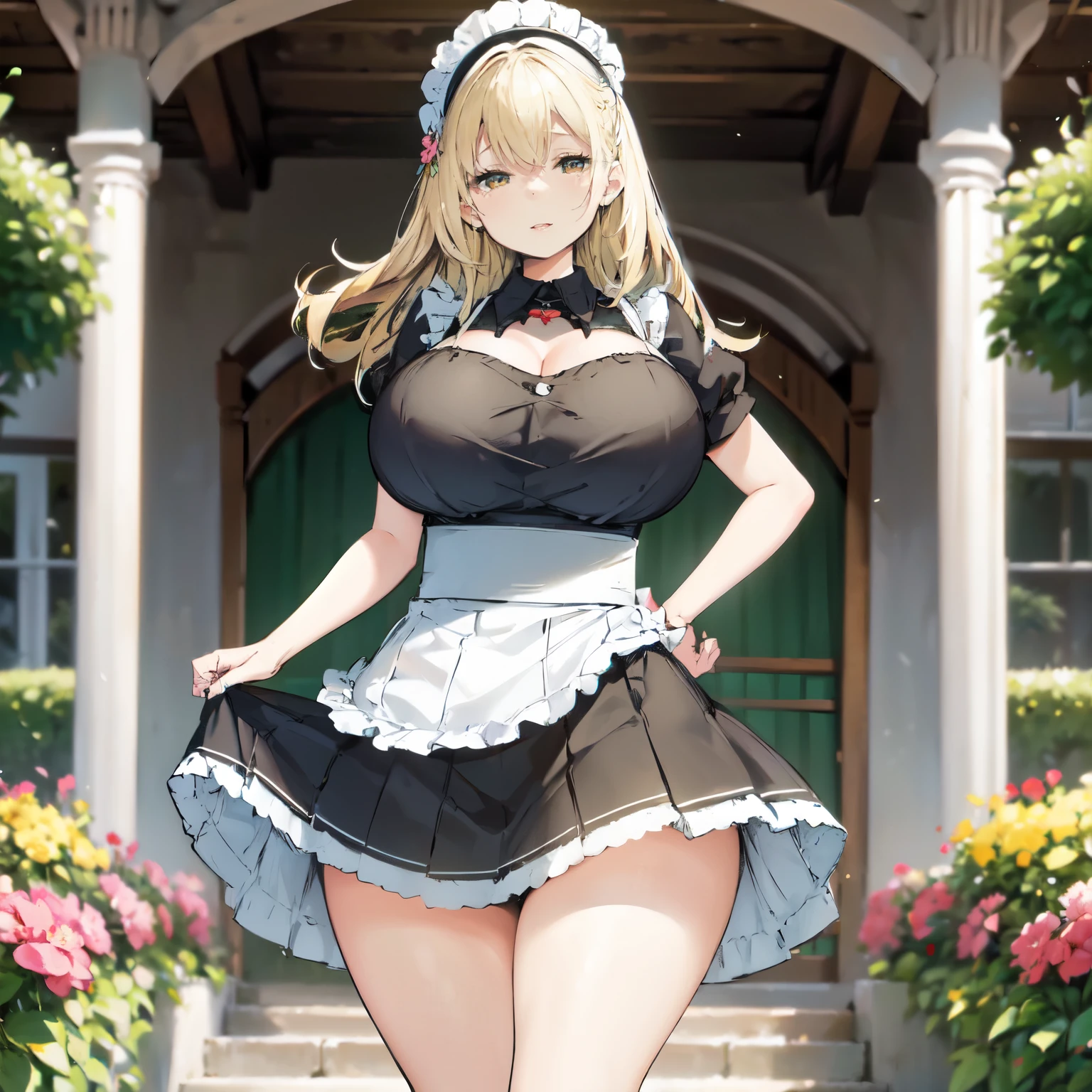 Blonde hair, very huge tits , ((maid uniform, maid hat, long skirt)), ((thick, busty)), amber eyes,  upperbody, smile, cleavage, legs, thigh, garden flower background