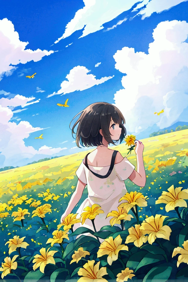  girl grabbed the daylily flowers and flew to the blue sky ，Background blue sky and white clouds，Daylily flower field in the distance 