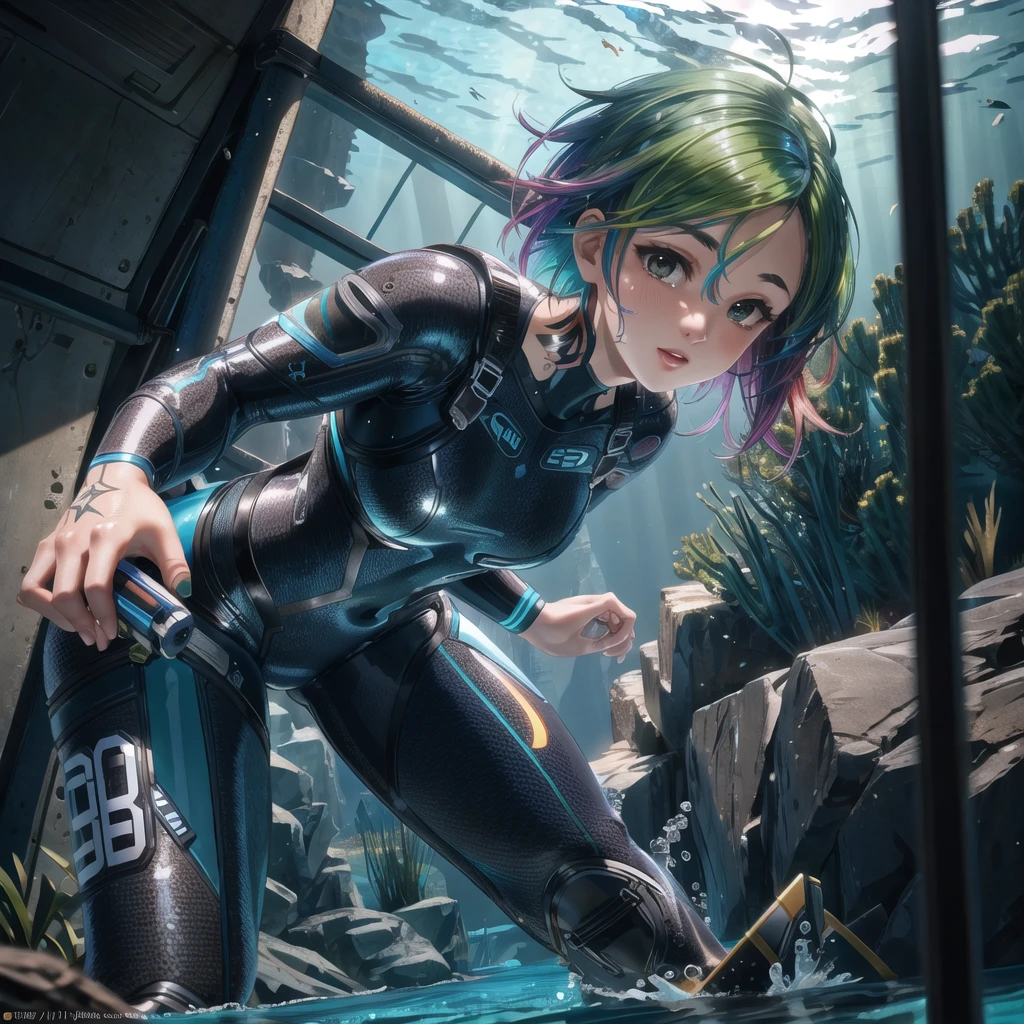 CyberJudy, 1girl, rainbow hair, green hair, tattoo, cute face, BREAK, wetsuit, diving, (underwater:1.25), masterpiece, best quality, extremely detailed, highly quality, 4k, sharp focus, professional, sharp focus, award winning, cinematic lighting, octane render, unreal engine, volumetrics dtx, Wallpaper,