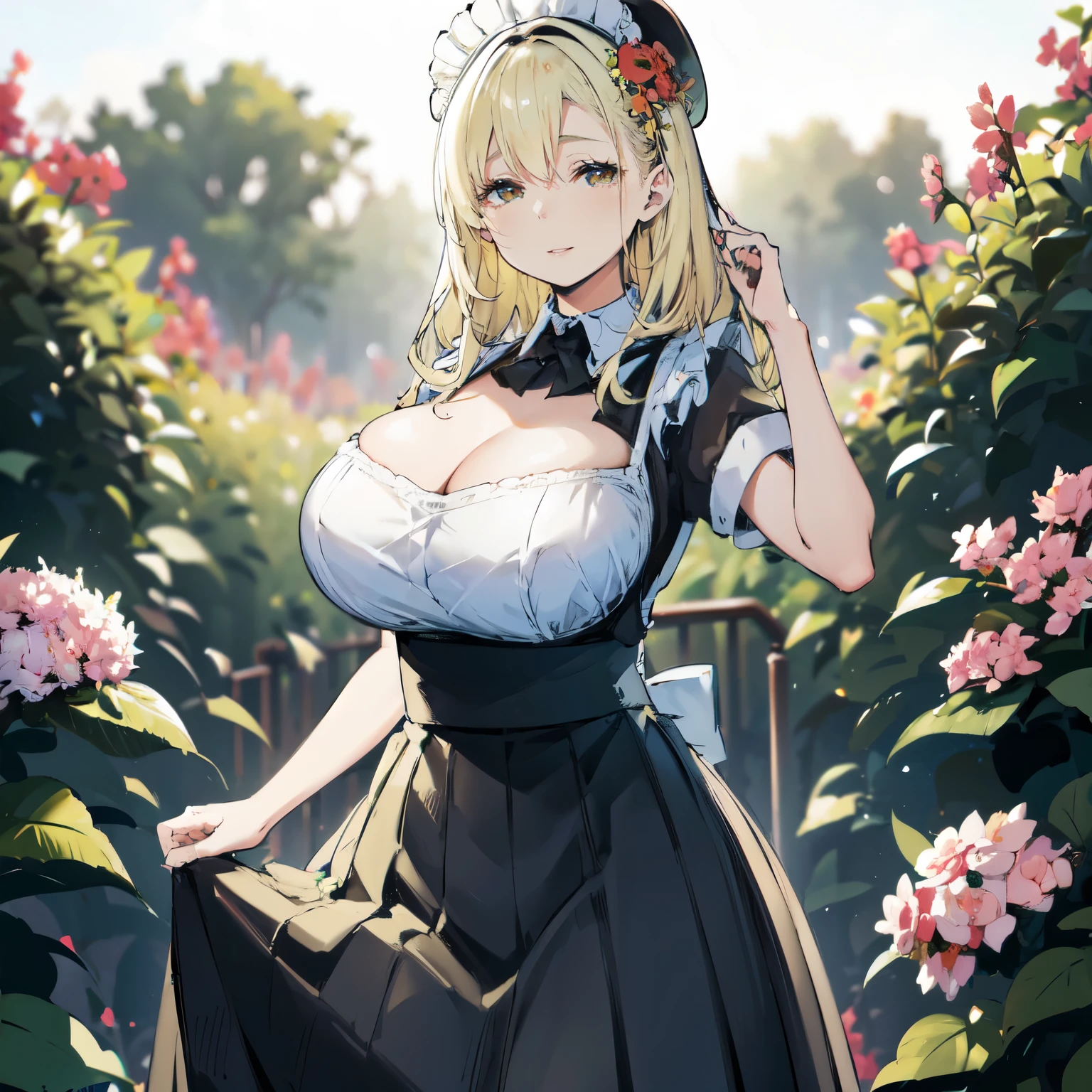 Blonde hair, very huge tits , ((maid uniform, maid hat, long skirt)), ((thick, busty)), amber eyes,  upperbody, smile, cleavage, legs, thigh, garden flower background