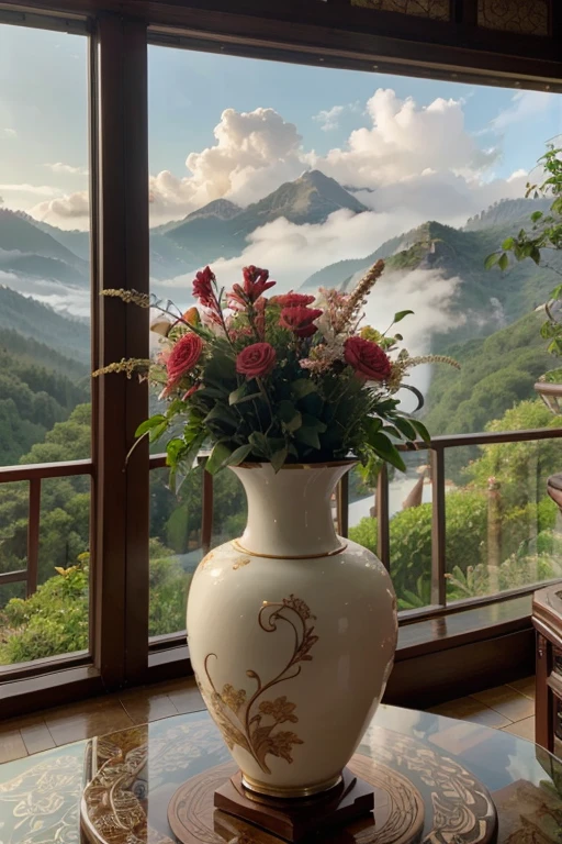 A stunning Chinese vase sits majestically on a intricately carved wooden pedestal amidst a breathtakingly realistic landscape. The vase's delicate floral pattern mirrors the lush greenery, vibrant blooms, and misty mountains of the scenery, creating a harmonious blend of East meets West. Soft morning light casts a warm glow, accentuating the vase's subtle curves and the textures of the surrounding foliage.