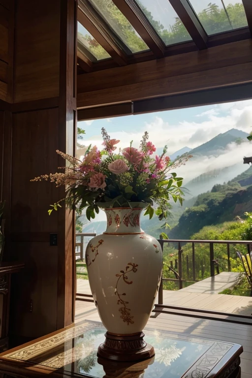 A stunning Chinese vase sits majestically on a intricately carved wooden pedestal amidst a breathtakingly realistic landscape. The vase's delicate floral pattern mirrors the lush greenery, vibrant blooms, and misty mountains of the scenery, creating a harmonious blend of East meets West. Soft morning light casts a warm glow, accentuating the vase's subtle curves and the textures of the surrounding foliage.