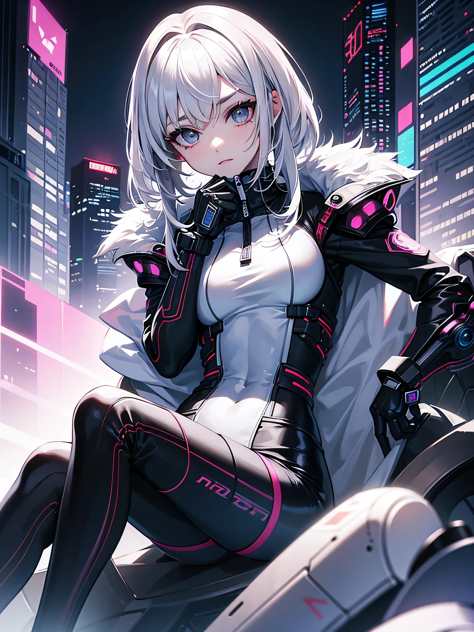 a Nekomata catgirl, solo, white ((twintail hair)), red iris (eyes), slender body, slender hips, big breasts, nipple contours, wearing full black ((heavy cyberpunk armor)) with red lighting, (black tech jacket)), black cyber cat ears woth red lights, science fiction, cyberpunk city in the background, black ((Skin Tight Armored ripped leotard with red lights)) In the Style of Cyberpunk 2077, in a crowded cyberpunk city, squatting towards the viewer, legs parted, visable cameltoe, visable vuvla,  Ultra realistic photo, masterpiece, best quality, CG, wallpaper, HDR, high quality, high-definition, extremely detailed, {beautiful detailed face}, {beautiful detailed eyes}, (detailed light){{intricate detail}}, {highres}, ((detailed face)), Red lights, chiaroscuro, key visual, intricate detail, highly detailed, breathtaking, vibrant, cinematic