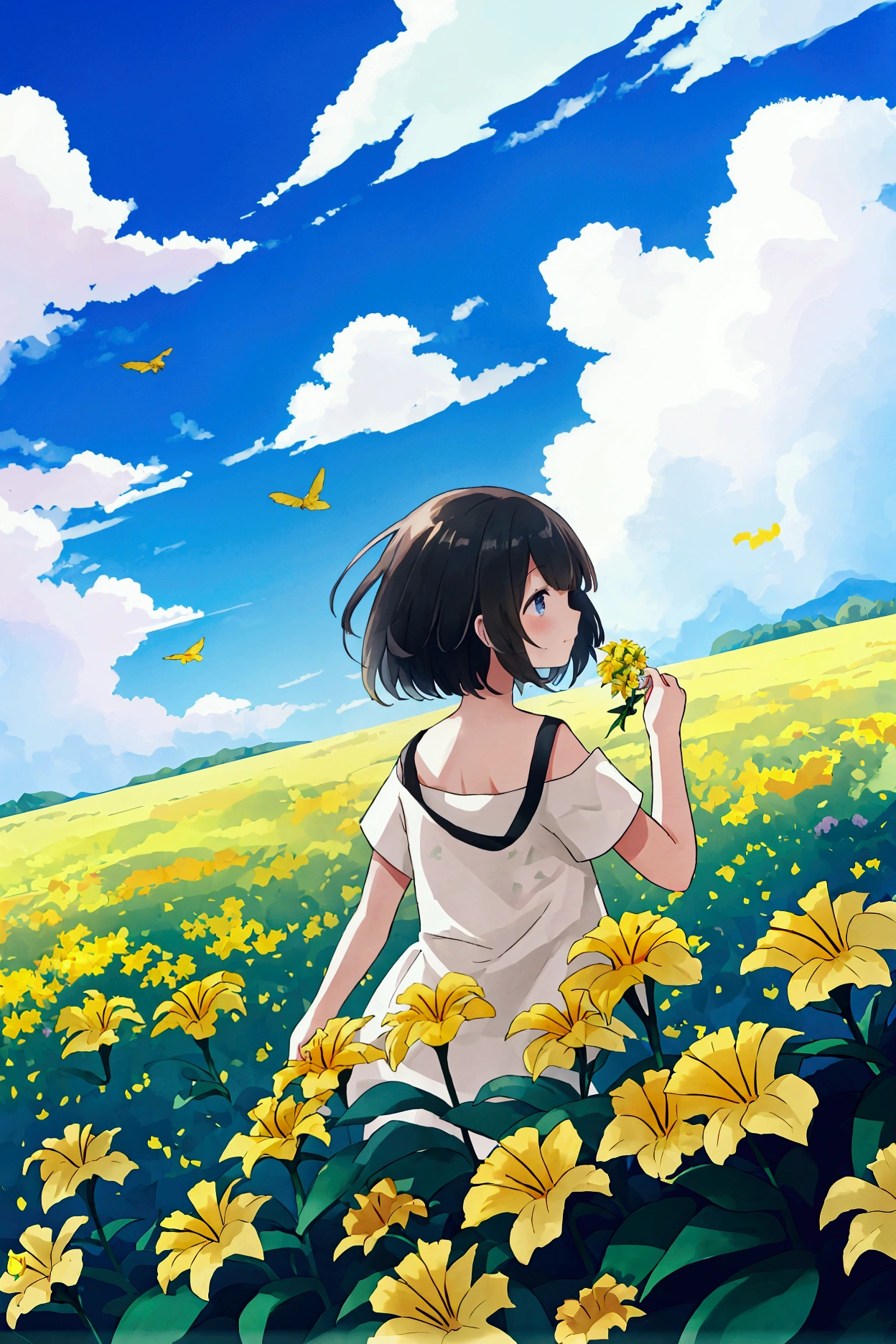  girl grabbed the daylily flowers and flew to the blue sky ，Background blue sky and white clouds，Daylily flower field in the distance 