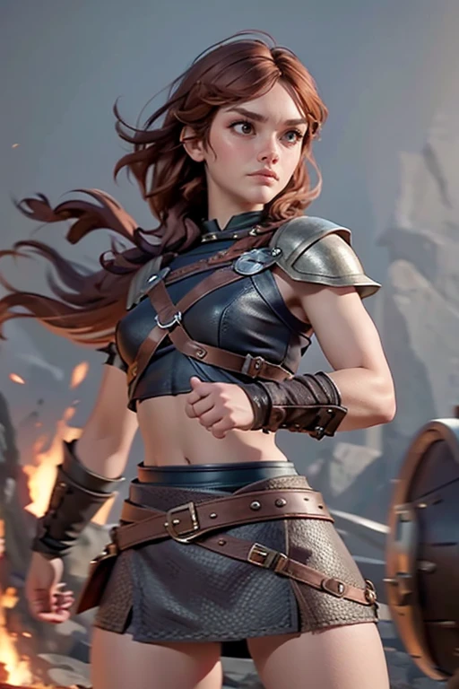  Young Viking woman , warrior, short brown hair, thick eyebrows, brown eyes, brown leather armor,  strappy leather top , fur skirt, fierce expression, heroic stance, Looking at the camera, fierce expression,  masterpiece , super detail,  lyrics,  composition epic character,  natural lighting ,  sharp focus,  ultra resolution ,  plain white background , without patterns, No textures.