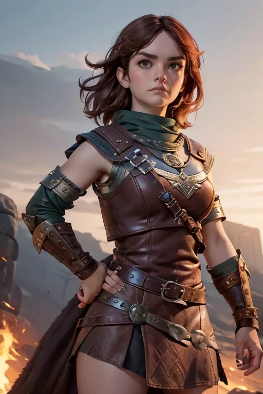  Young Viking woman , warrior, short brown hair, thick eyebrows, brown eyes, brown leather armor,  strappy leather top , fur skirt, fierce expression, heroic stance, Looking at the camera, fierce expression,  masterpiece , super detail,  lyrics,  composition epic character,  natural lighting ,  sharp focus,  ultra resolution ,  plain white background , without patterns, No textures.