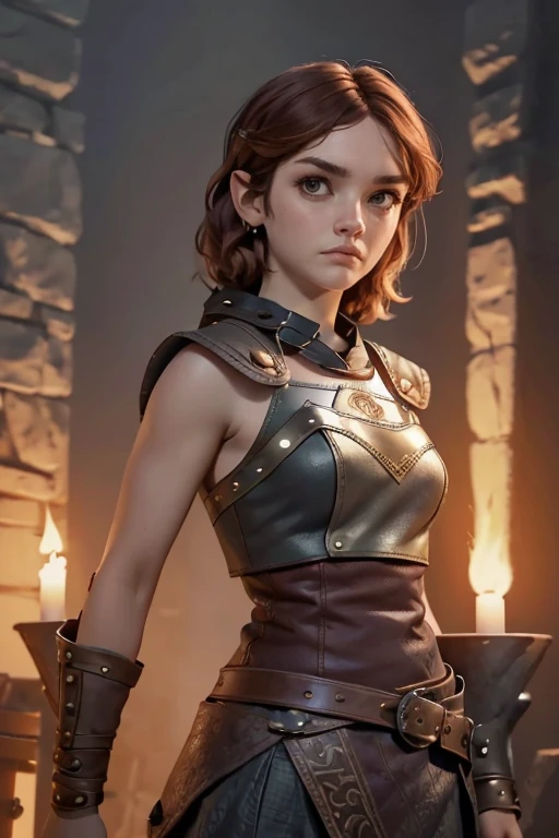  Young Viking woman , warrior, short brown hair, thick eyebrows, brown eyes, brown leather armor,  strappy leather top , fur skirt, fierce expression, heroic stance, Looking at the camera, fierce expression,  masterpiece , super detail,  lyrics,  composition epic character,  natural lighting ,  sharp focus,  ultra resolution ,  plain white background , without patterns, No textures.