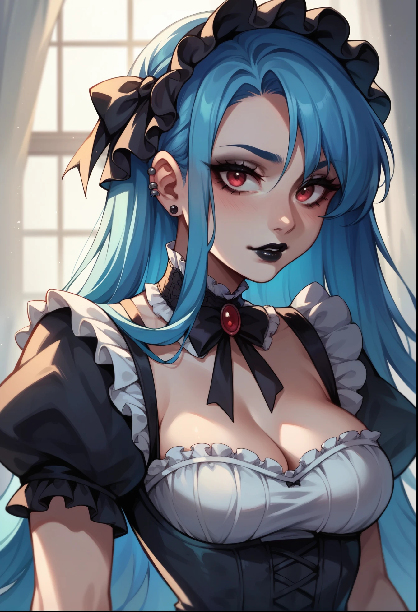 a hairy, anthropomorphic cat with white fur and striking blue eyes, wearing an elegant black dress with a slight neckline with lace details and a bow on her head and long hair,no human ear . The character exudes a sophisticated and mysterious aura, mixing animalistic characteristics with sensibilities human fashion, anime style