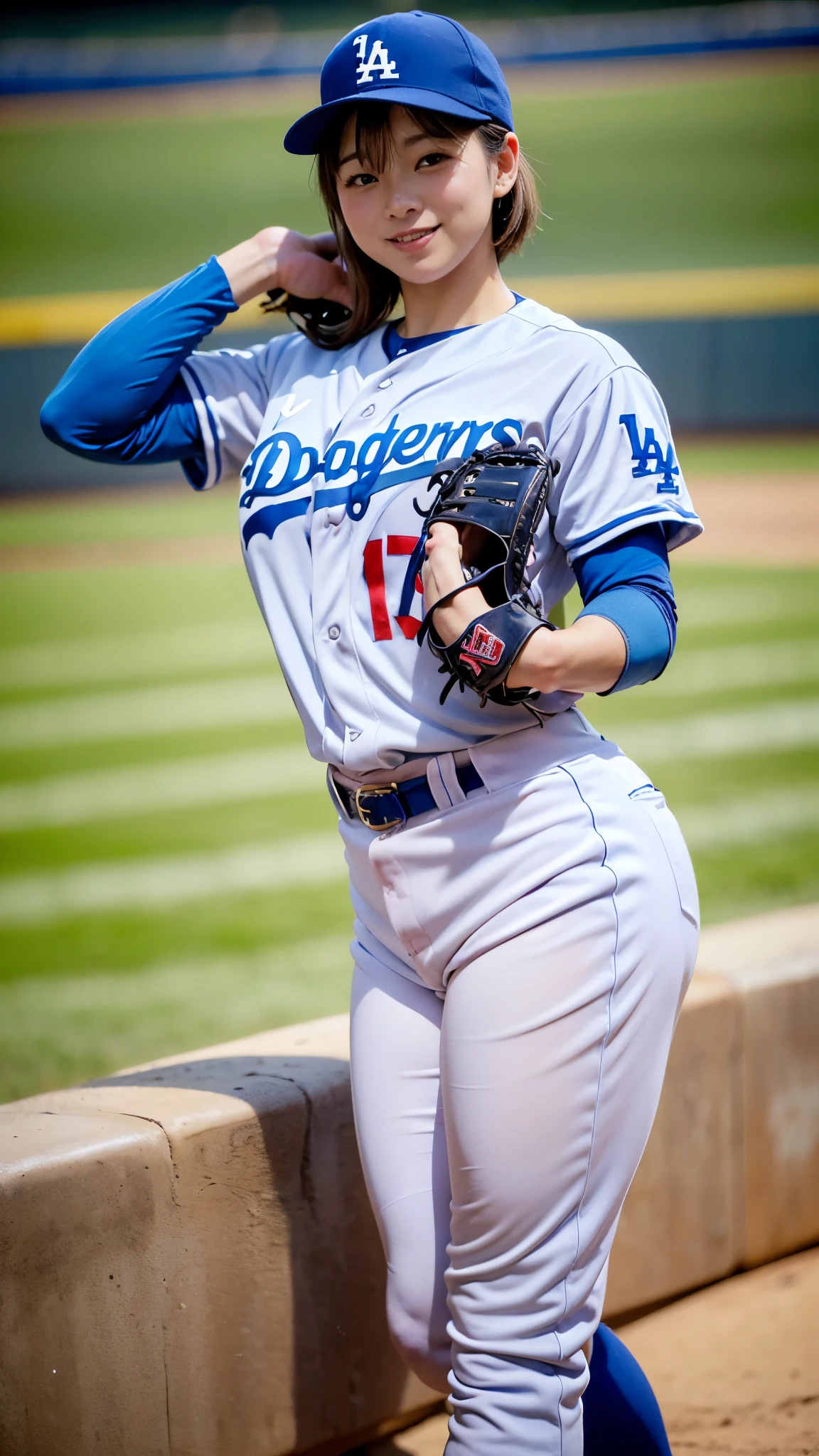 Best Quality,masterpiece, super high definition, highdefinition RAW color photo, professional photography, natural skin texture, fine skin, hyperrealism , Japanese Female,(smile,Big Breasts,big breasts, shortcut hair),(((Watching baseball,Dodger Stadium, Dodgers uniform,Number 17,spike, pitcher , cm apart)))