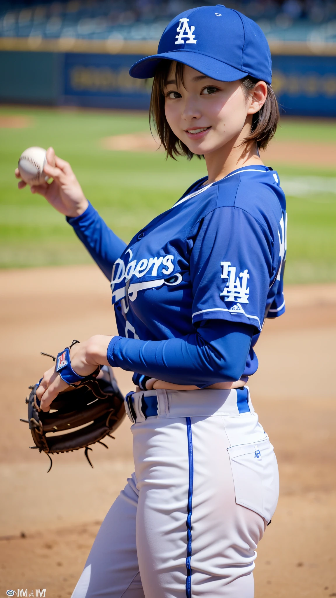 Best Quality,masterpiece, super high definition, highdefinition RAW color photo, professional photography, natural skin texture, fine skin, hyperrealism , Japanese Female,(smile,Big Breasts,big breasts, shortcut hair),(((Watching baseball,Dodger Stadium, Dodgers uniform,Number 17,spike, pitcher , cm apart)))