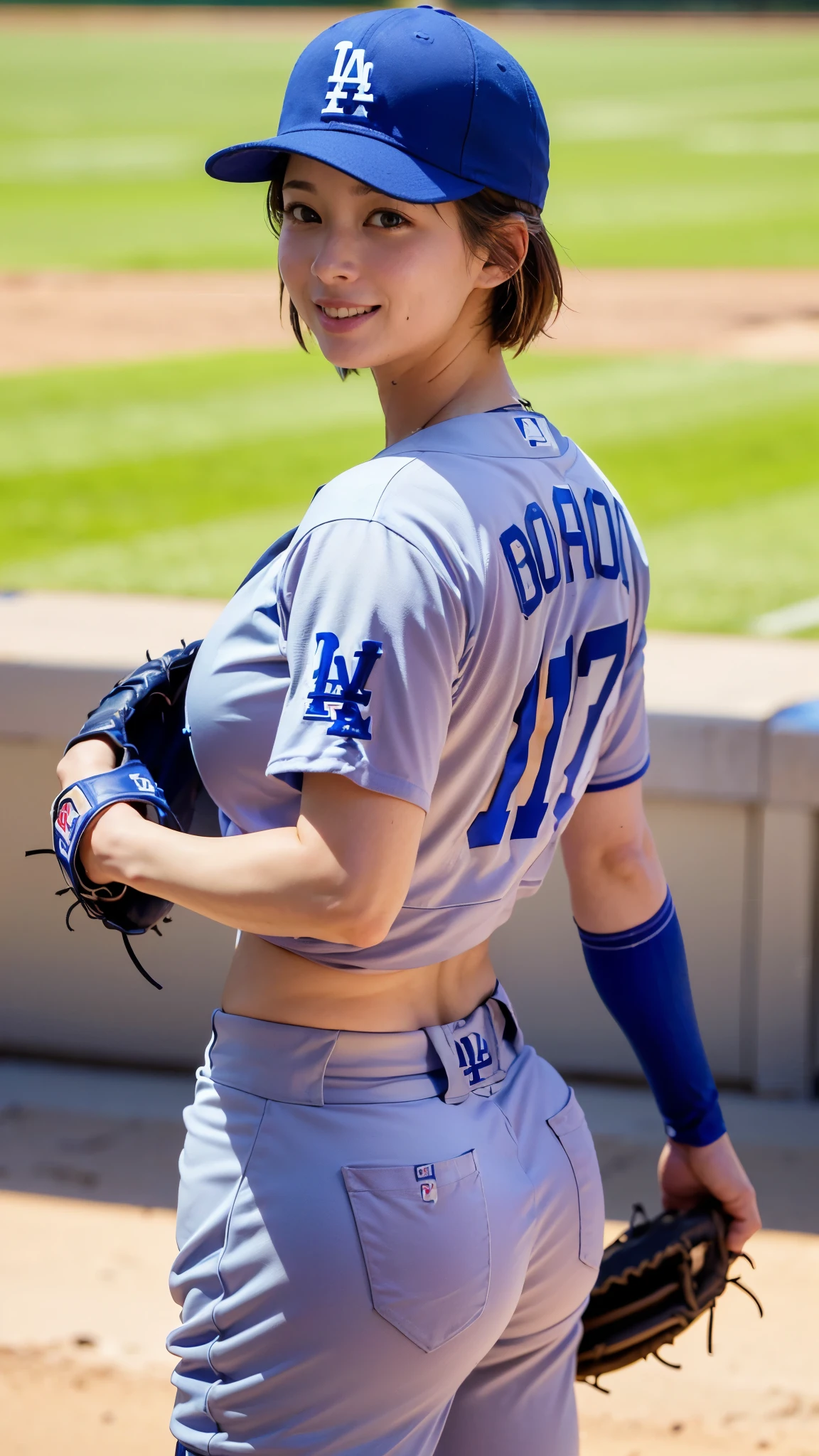 Best Quality,masterpiece, super high definition, highdefinition RAW color photo, professional photography, natural skin texture, fine skin, hyperrealism , Japanese Female,(smile,Big Breasts,big breasts, shortcut hair),(((Watching baseball,Dodger Stadium, Dodgers uniform,Number 17,spike, pitcher , cm apart)))