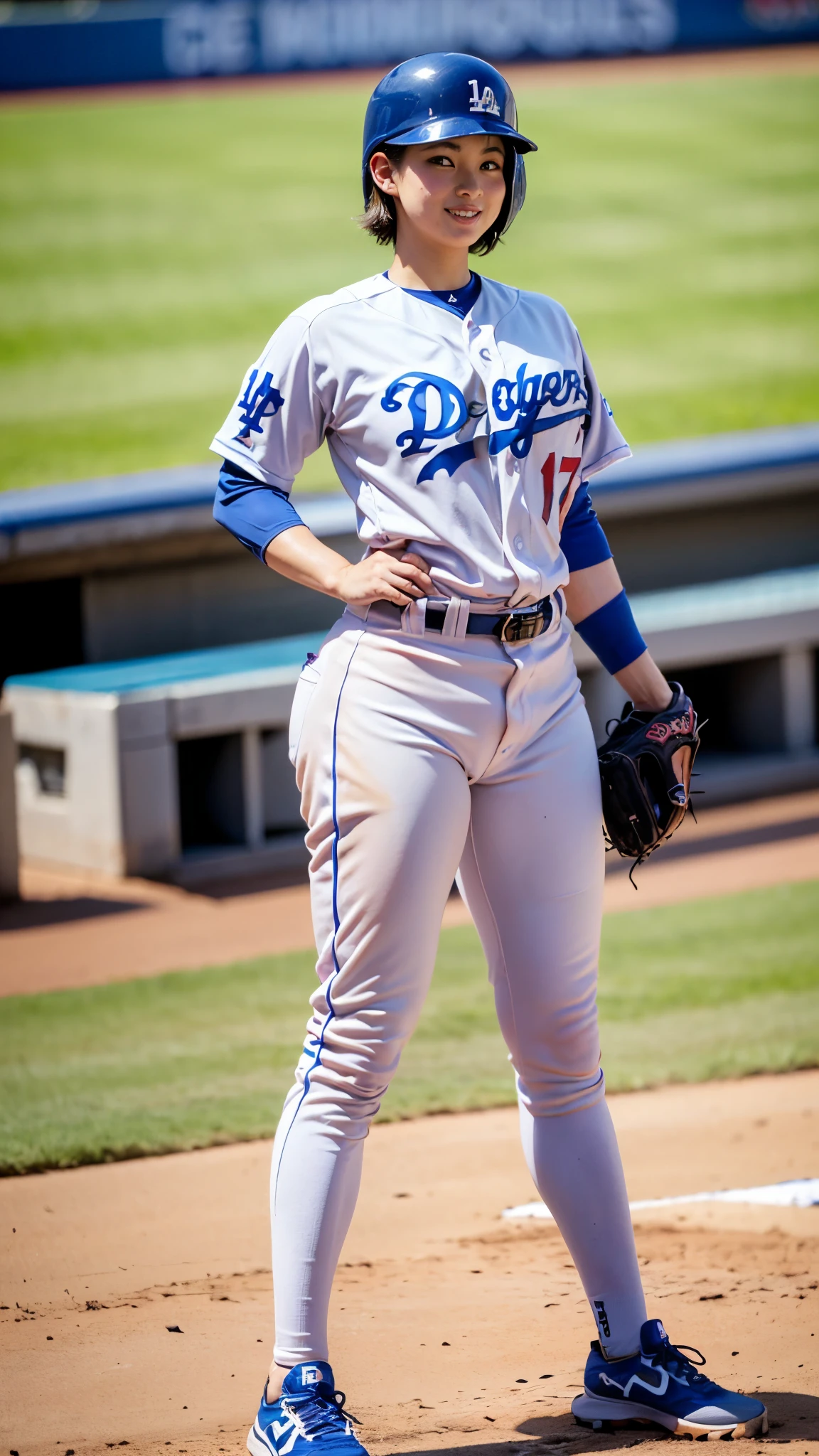 Best Quality,masterpiece, super high definition, highdefinition RAW color photo, professional photography, natural skin texture, fine skin, hyperrealism , Japanese Female,(smile,Big Breasts,big breasts, shortcut hair),(((Watching baseball,Dodger Stadium, Dodgers uniform,Number 17,spike, pitcher , cm apart)))