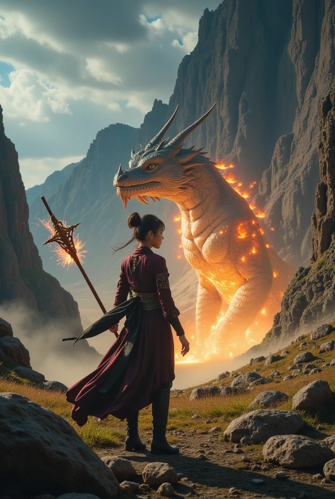 In a cinematic scene set amid rugged, rocky mountain ranges, a slender and cute Japanese beauty in her twenties stands ready for battle. She wears a sexy sorceress outfit—a form-fitting ensemble adorned with mystical symbols and flowing fabrics—that accentuates her graceful figure. Holding a wooden staff from which flames burst forth at the tip, she confronts a dragon that is simultaneously breathing fire. The fiery exchange illuminates the dramatic landscape, casting dynamic shadows across the jagged peaks. The background features towering cliffs under a stormy sky, enhancing the intensity of the epic confrontation.