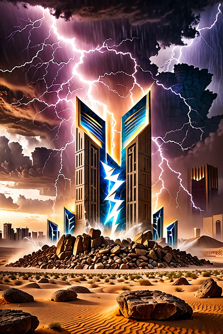 "Design a dramatic logo with the name 'DM Generator' written in an ancient stone-style font in the middle of a vast, dark desert. The name appears as if it’s carved into the rocks, with intense electric lightning bolts surging through or around the text, illuminating it with flashes of bright light, symbolizing power and energy. The background features a cinematic scene of Riyadh, with towering skyscrapers barely visible through a dramatic, stormy sky. The colors of the sunse