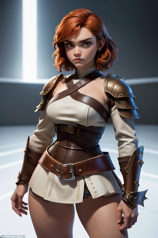  Young Viking woman , warrior, short brown hair, thick eyebrows, brown eyes, brown leather armor,  strappy leather top , fur skirt, fierce expression, heroic stance, Looking at the camera, fierce expression,  masterpiece , super detail,  lyrics,  composition epic character,  natural lighting ,  sharp focus,  ultra resolution ,  plain white background , without patterns, No textures.