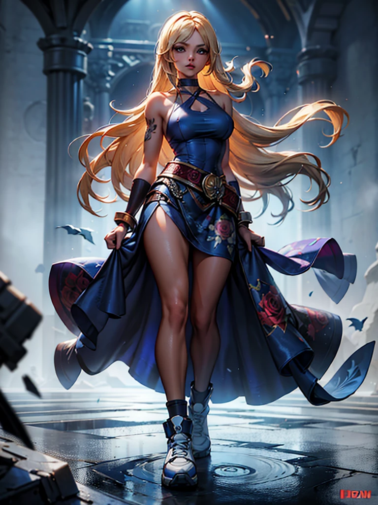 30-year-old woman, alone, alone, athletic, long blonde hair, tattoo of a rose on her arm, wears a blue sleeveless dress with a low neckline, wears blue exercise gloves that cover almost her entire forearm, and blue high-heeled sneakers. , large belt that hangs around her waist, there is a painted pirate skull on her skirt, sensual gaze looking at the viewer, cinematic, ultra-sharp focus, award-winning photography, perfect contrast, high sharpness, depth of field, ultra-detailed photography, global illumination , fluid, ultra high definition, 8k, Unreal Engine 5, ultra sharp focus, award-winning photography, art season trends