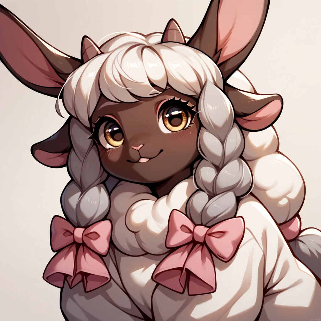 score_9, score_8_up, score_7_up, score_6_up, score_5_up, no humans, rating_safe, Wooloo sheep pokemon with brown fur and pink markings, long lop-eared rabbit ears with pink fingertips and pink stripes, three forehead horns, adorable
