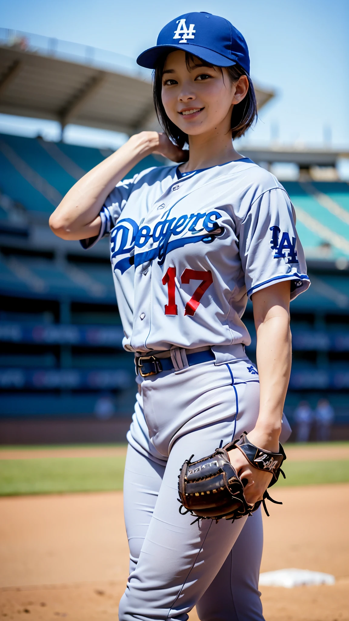 Best Quality,masterpiece, super high definition, highdefinition RAW color photo, professional photography, natural skin texture, fine skin, hyperrealism , Japanese Female,(smile,Big Breasts,big breasts, shortcut hair),(((Watching baseball,Dodger Stadium, Dodgers uniform,Number 17,spike, pitcher ,Throwing the ball)))