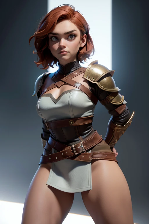  Young Viking woman , warrior, short brown hair, thick eyebrows, brown eyes, brown leather armor,  strappy leather top , fur skirt, fierce expression, heroic stance, Looking at the camera, fierce expression,  masterpiece , super detail,  lyrics,  composition epic character,  natural lighting ,  sharp focus,  ultra resolution ,  plain white background , without patterns, No textures.