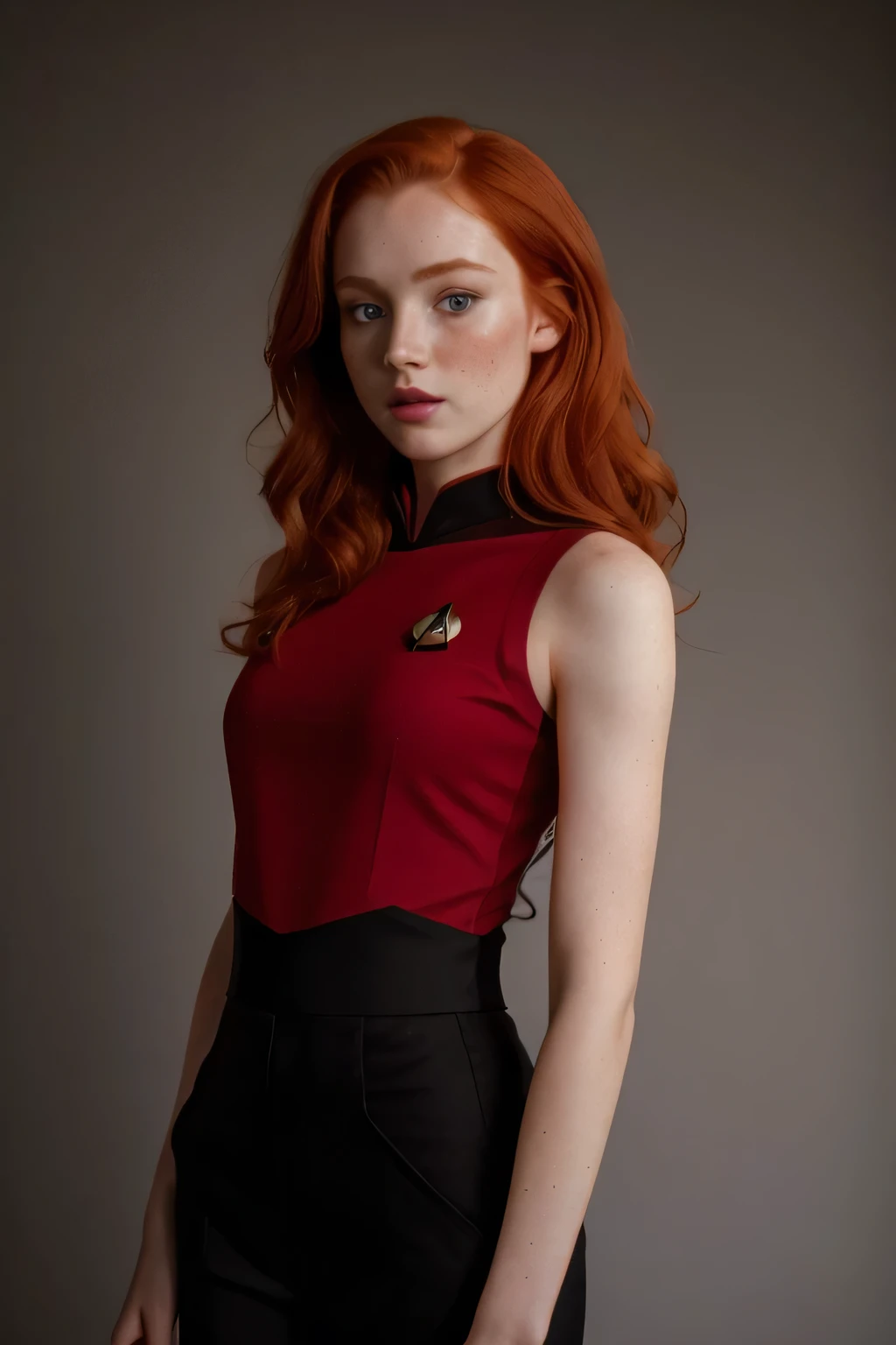1girl in, 21, Madelaine Petsch, photo of perfect woman, 5'3", Solo, Aesthetic artwork, (irish redhead, wavy ginger hair, shoulder length ginger hair:1.25), (some small freckles, pale skin, small breasts, B-cup, hard nipples, runners body, very thin waist, skinny, petite, detailed skin texture), (she is wearing a red Starfleet uniform, the next generation, Comand uniform, black straight slacks:1.15), spaceship background, stars,), (extremely detailed 8k wallpaper), soft lighting, high quality, film grain, Fujifilm XT3 sharp focus, f 5.6, 50mm, High Detail, Sharp focus,(natural light), crazy details, complex details, hyper detailed