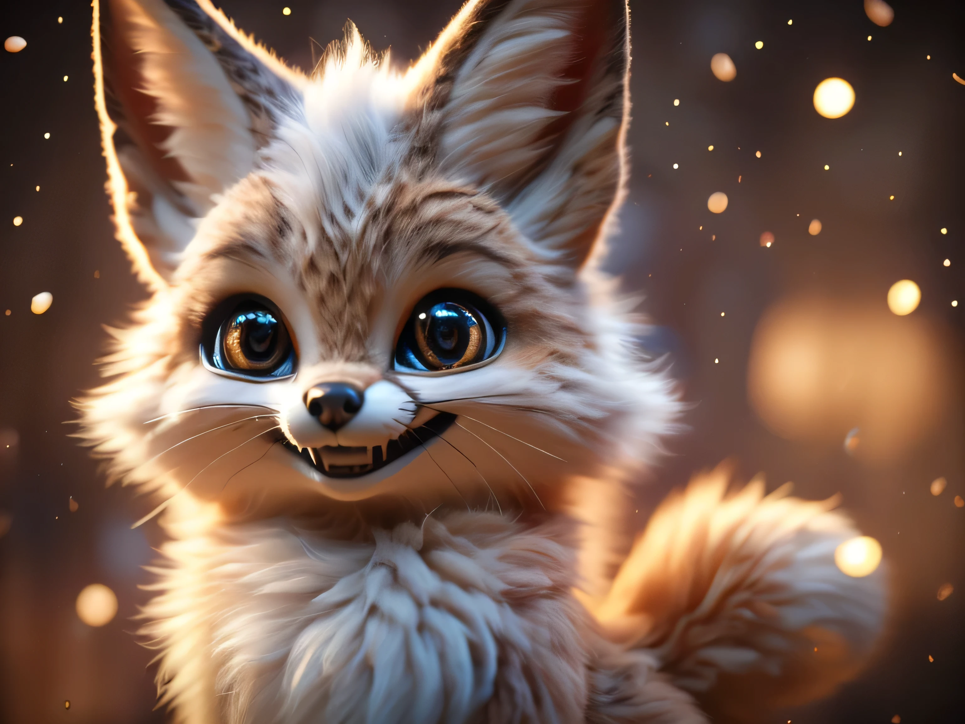 Magical Fantasy Creature, (Best Quality, Masterpiece, Representative Work, Official Art, Professional, Ultra Fine Detail, 8k:1.3), (Photorealism:1.2), Fox Spirit, Super Cute, Big Eyes, Soft, Delicate Nose, Fluffy, Two-Toothed Smile, Cute Fennec Fox Ghost, Realistic, Beautiful, Sparkling, Stars in Eyes, Star Pearl, Fox Lights, Soft Volumetric Light, (Backlight:1.3), (Cinematic:1.2), Intricate Details, (ArtStation:1.3), --auto --s2