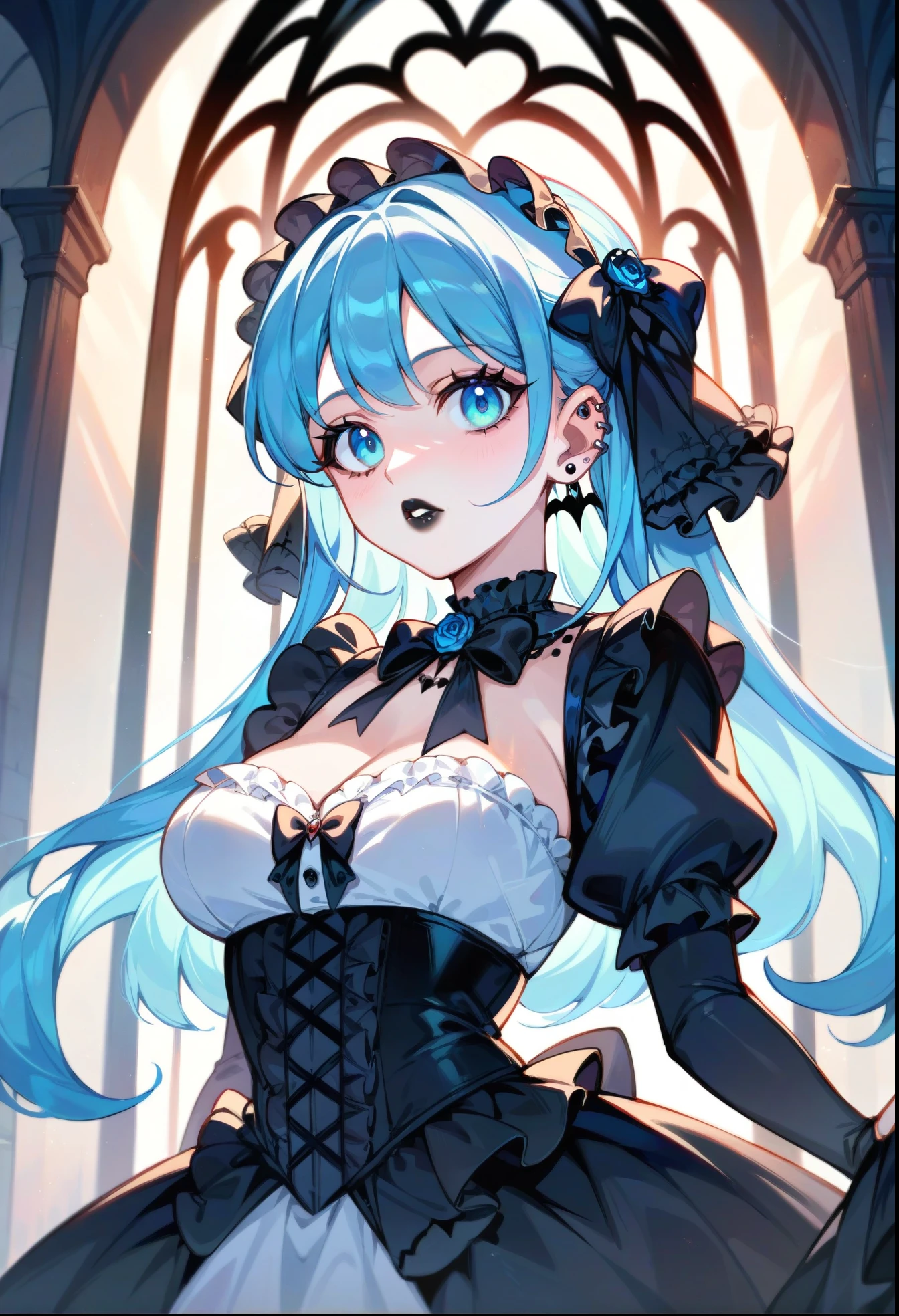 Long Hair、Blue Hair、Ahoge、One-eyed、dress、Red eyes、blue eyes、Big Breasts
