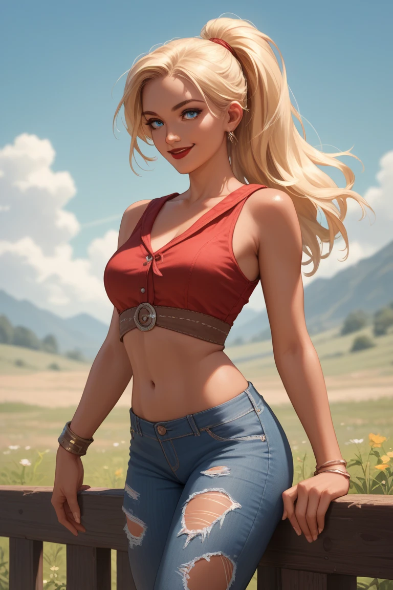 (applejack), blonde hair, low tied ponytail, green eyes (nude), country girl, farm, (realistic:1.2), (masterpiece:1.2), (full-body-shot:1.2),(Cowboy-shot:1.2), outdoor lighting, (highly detailed:1.2),(detailed face:1.2), (gradients), colorful, detailed eyes, (detailed landscape:1.2), (natural lighting:1.2),(detailed background), detailed landscape, (glamour pose:1.2), solo,
