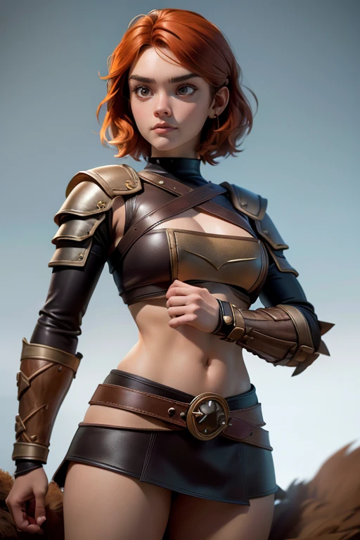  Young Viking woman , warrior, short brown hair, thick eyebrows, brown eyes, brown leather armor,  strappy leather top , fur skirt, heroic stance, Looking at the camera, fierce expression,  masterpiece , super detail,  lyrics,  composition epic character,  natural lighting ,  sharp focus,  ultra resolution ,  plain white background , without patterns, No textures.