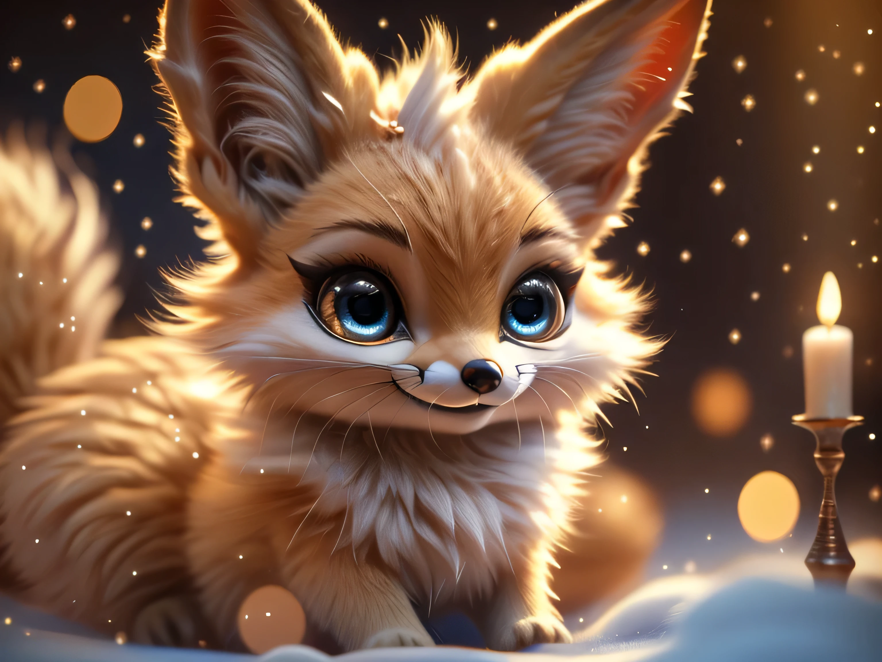 Magical Fantasy Creature, (Best Quality, Masterpiece, Representative Work, Official Art, Professional, Ultra Fine Detail, 8k:1.3), (Photorealism:1.2), Fox Spirit, Super Cute, Big Eyes, Soft, Delicate Nose, Fluffy, Two-Toothed Smile, Cute Fennec Fox Ghost, Realistic, Beautiful, Sparkling, Stars in Eyes, Star Pearl, Fox Lights, Soft Volumetric Light, (Backlight:1.3), (Cinematic:1.2), Intricate Details, (ArtStation:1.3), --auto --s2