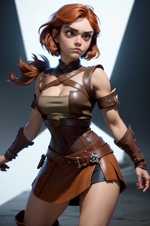  Young Viking woman , warrior, short brown hair, thick eyebrows, brown eyes, brown leather armor,  strappy leather top , fur skirt, fierce expression, heroic stance, Looking at the camera, fierce expression,  masterpiece , super detail,  lyrics,  composition epic character,  natural lighting ,  sharp focus,  ultra resolution ,  plain white background , without patterns, No textures.