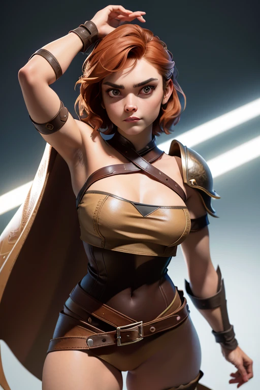  Young Viking woman , warrior, short brown hair, thick eyebrows, brown eyes, brown leather armor,  strappy leather top , fur skirt, fierce expression, heroic stance, Looking at the camera, fierce expression,  masterpiece , super detail,  lyrics,  composition epic character,  natural lighting ,  sharp focus,  ultra resolution ,  plain white background , without patterns, No textures.