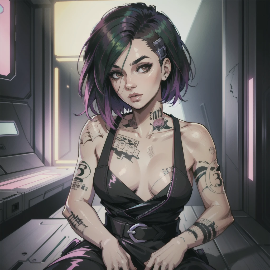 (masterpiece:1.2),(best quality:1.2),(high resolution:1.2)
 CyberJudy, 1girl, solo, brown eyes, asymmetrical hair, green hair, pink hair, tattoo, cyberpunk,  ilya kuvshinov, artgerm, Mark Brooks, Marina AbramoviÄ, Wadim Kashin, Greg Rutkowski, more COLORFUL