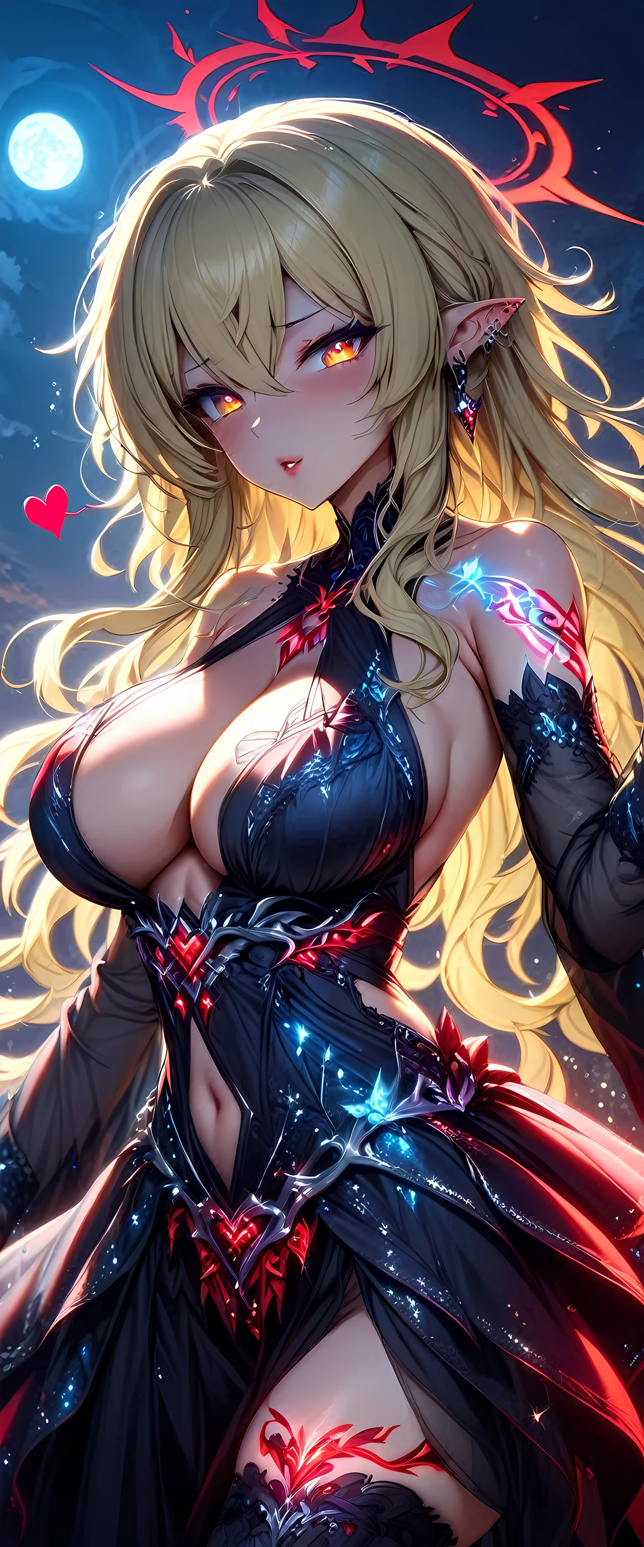 (masterpiece), best quality, expressive eyes, perfect face,1girl,lumine,huge breasts,mature woman,cleavage,((center opening)),blonde hair,long hair,wavy hair,pointy ears,glowing red pupils,demon goddess,evil goddess,tattoo,thigh tattoo,(elegant dress:1.1),(evening gown:1.6),bare shoulders,detached sleeves,chains,(long showgirl skirt:1.2),dark red lips,garterbelt,black thighhigh heels,blow kiss,red full moon,(dark red halo),sadistic smile,floating towards the viewer,cowboy shot,dynamic angle,studio lighting,(sparkle:0.9),(glitter:0.9),magical circles,spoken heart
