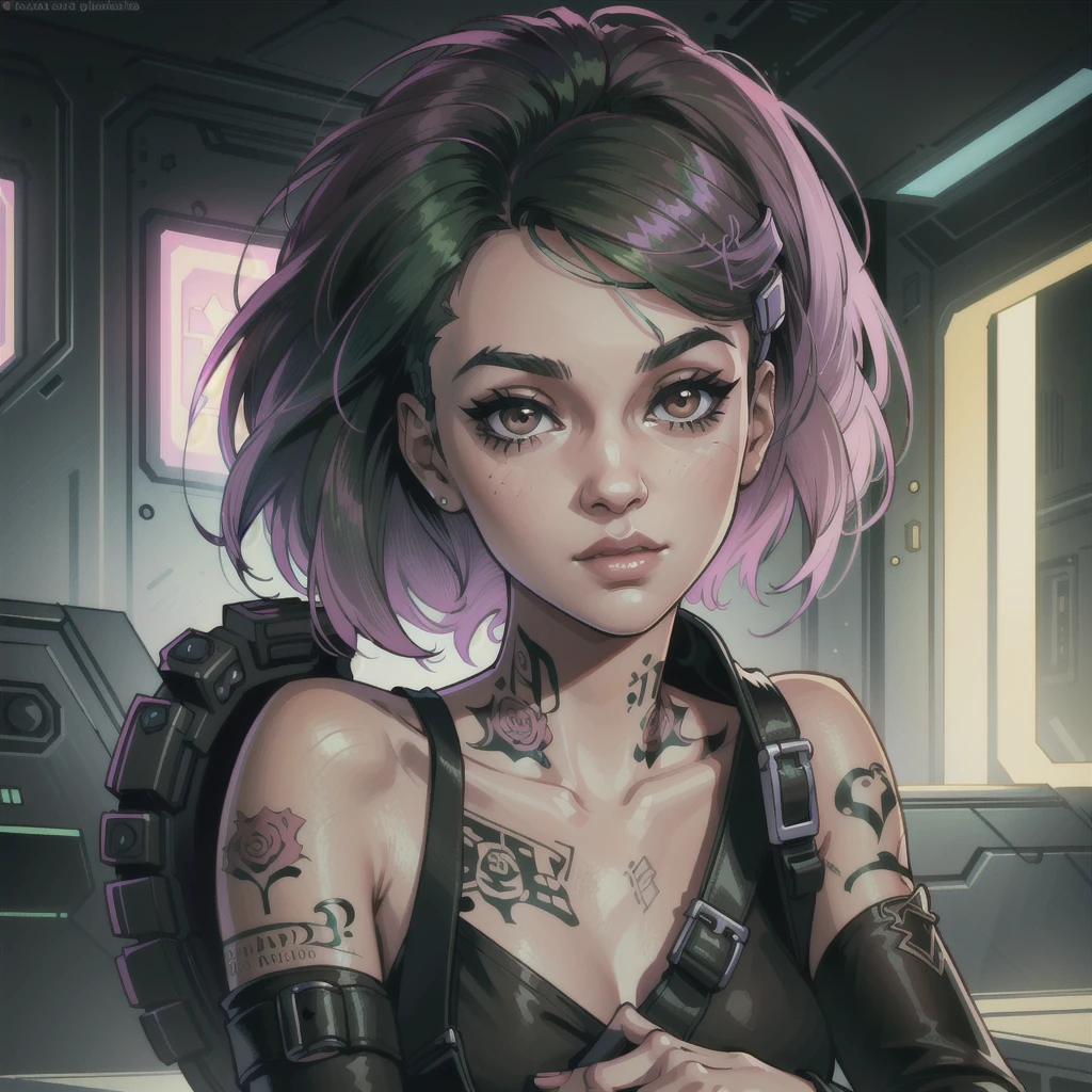 (masterpiece:1.2),(best quality:1.2),(high resolution:1.2)
 CyberJudy, 1girl, solo, brown eyes, asymmetrical hair, green hair, pink hair, tattoo, cyberpunk,  ilya kuvshinov, artgerm, Mark Brooks, Marina AbramoviÄ, Wadim Kashin, Greg Rutkowski, ((cores vivas))