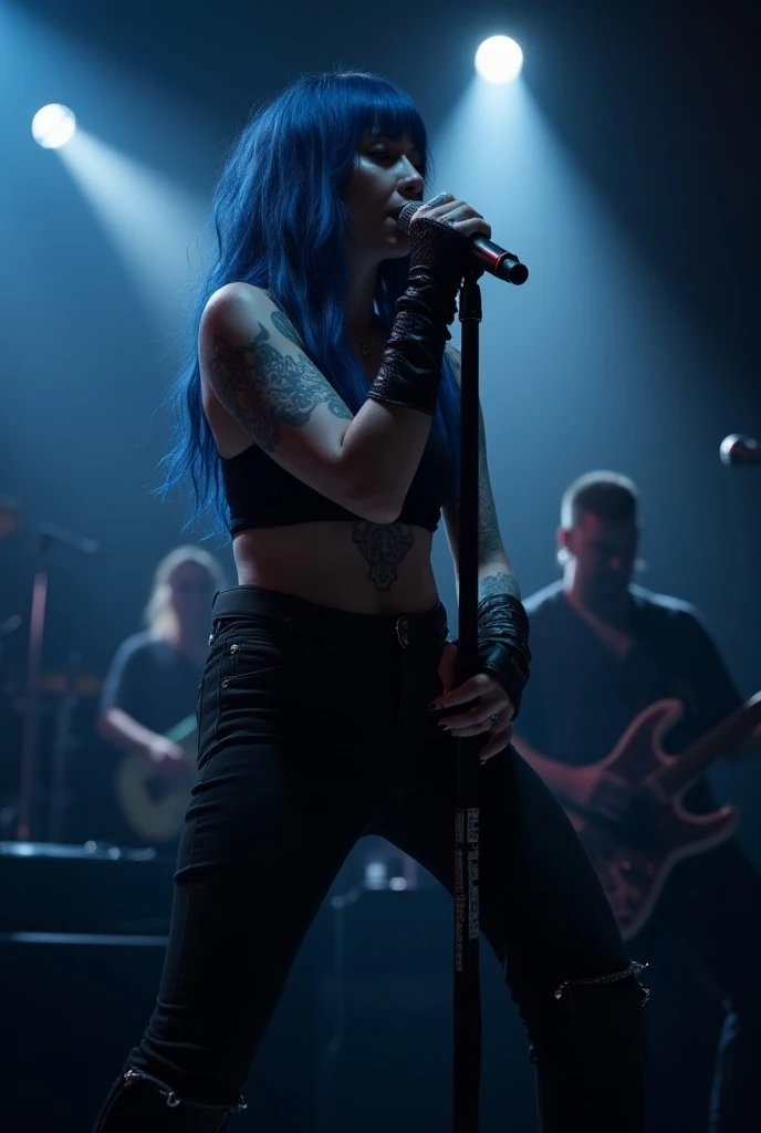 a sexy female rocker with long blue hair, perfect hourglass figure, large breasts, wide hips, singing with a microphone on a rock bar stage, highly detailed, 8k, photorealistic, dramatic lighting, cinematic composition, moody atmosphere