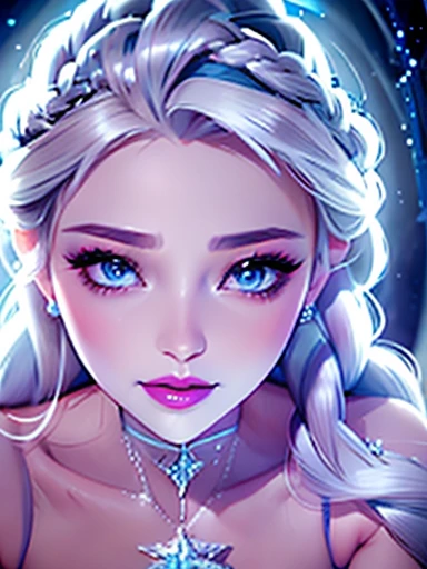  A dark version of Elsa , frozen ,  platinum hair , long braided  ,  big boobs and slender body wide hips and thin waist cute face looking at the viewer big blue eyes pink cheeks full lips and dark makeup,  