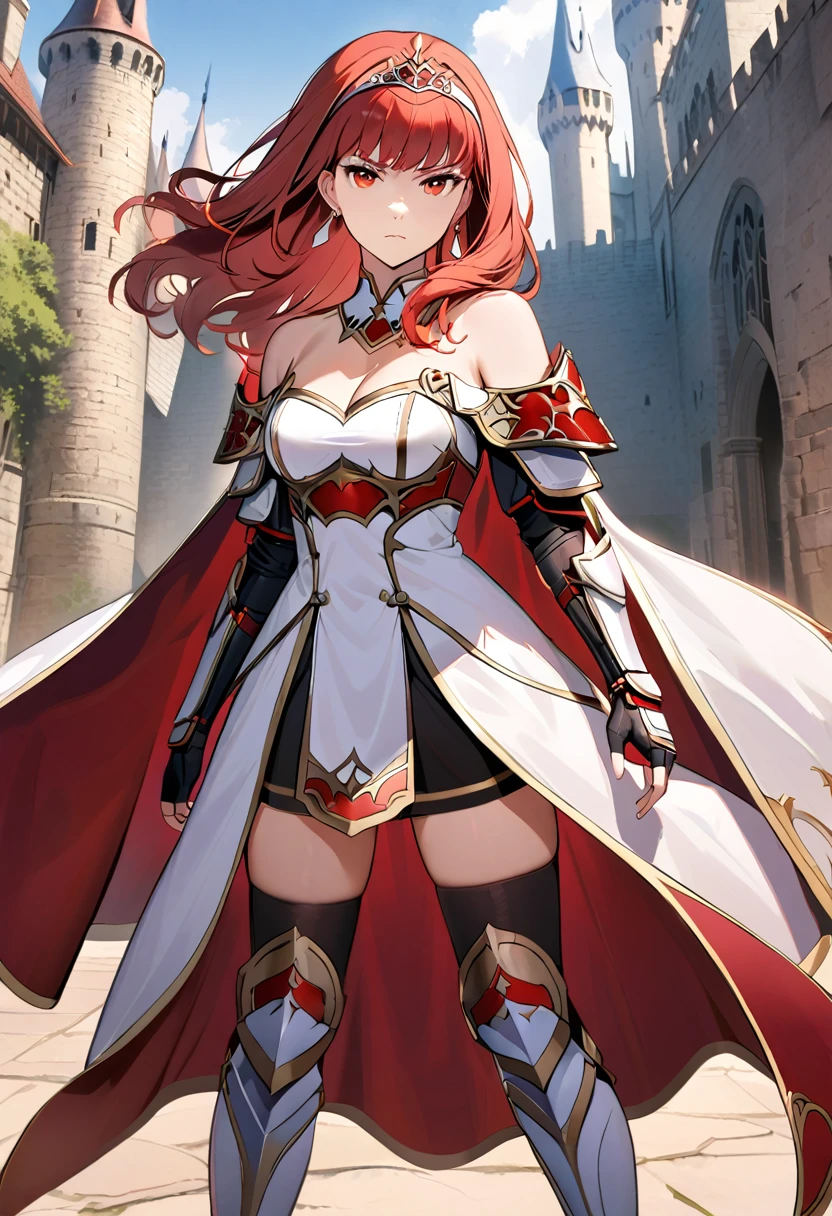 defCeli, red hair, red eyes, hairband, earrings, cape, detached collar, white dress, cleavage, bare shoulders, arm guards, fingerless gloves, black thighhighs, white boots,  1 girl, Alone,  viewers, Castle Background, Serious, whole body, Cape, armor,  dress,  tiara ,  Bare Shoulder 